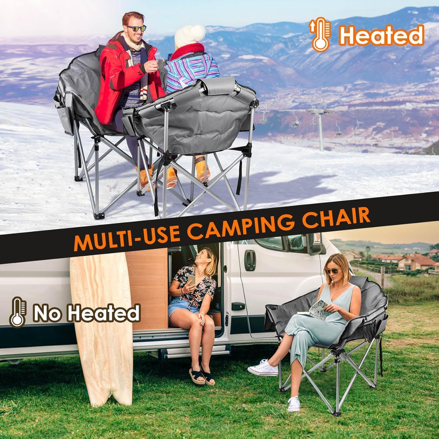 Heated Camping Chair, Extra Large Heated Chair Outdoor Sports Chair with 3 Heat Levels on Back and Seat, Portable Folding Heated Outdoor Chair (Batteries Not Included)