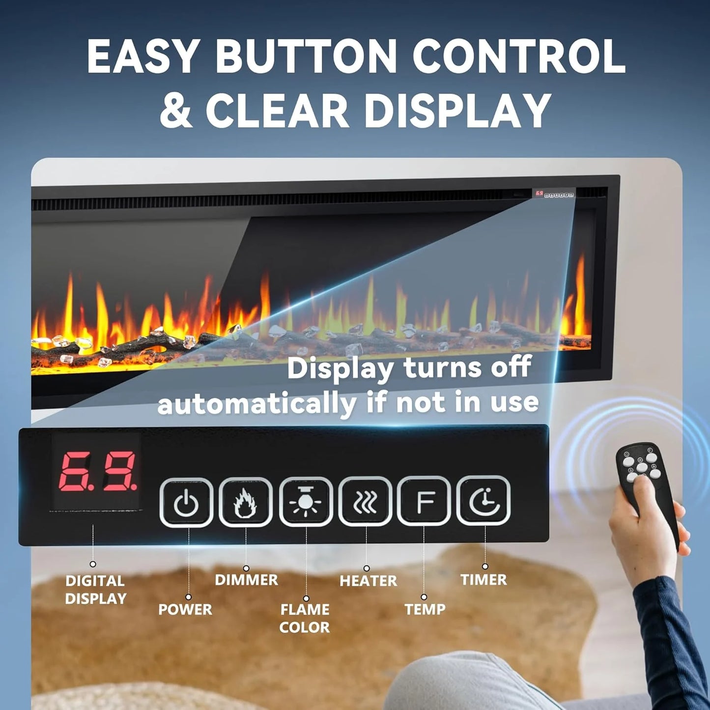 EUHOMY 50 Inch Electric Fireplace Wall Recessed and Wall Mounted with Adjustable Flame Color, Fireplace Heater with Remote Control, Linear Fireplace with Timer, Touch Screen, Log & Crystal, 750/1500W