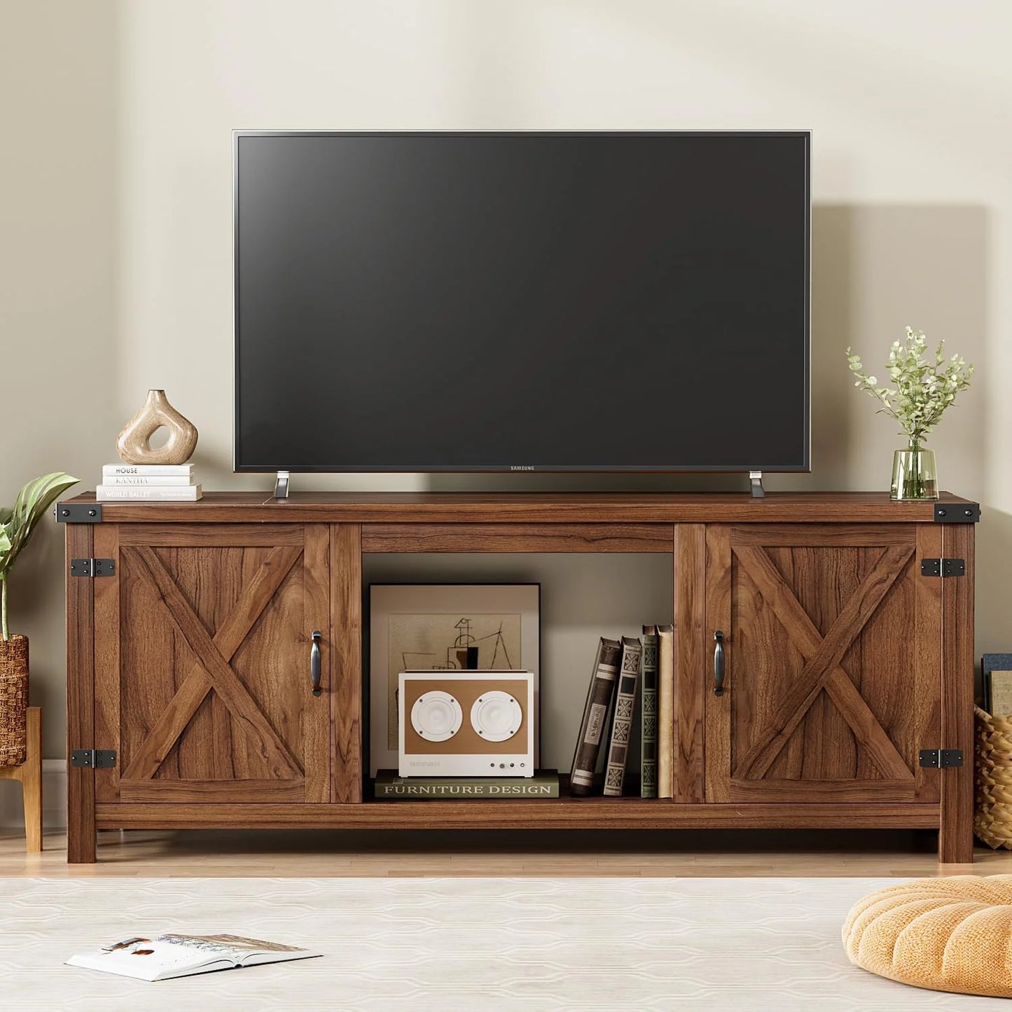 YESHOMY Fireplace TV Stand with Two Barn Doors and Storage Cabinets for Televisions up to 65+ Inch, Entertainment Center Console Table, Media Furniture for Living Room, 58 Inch