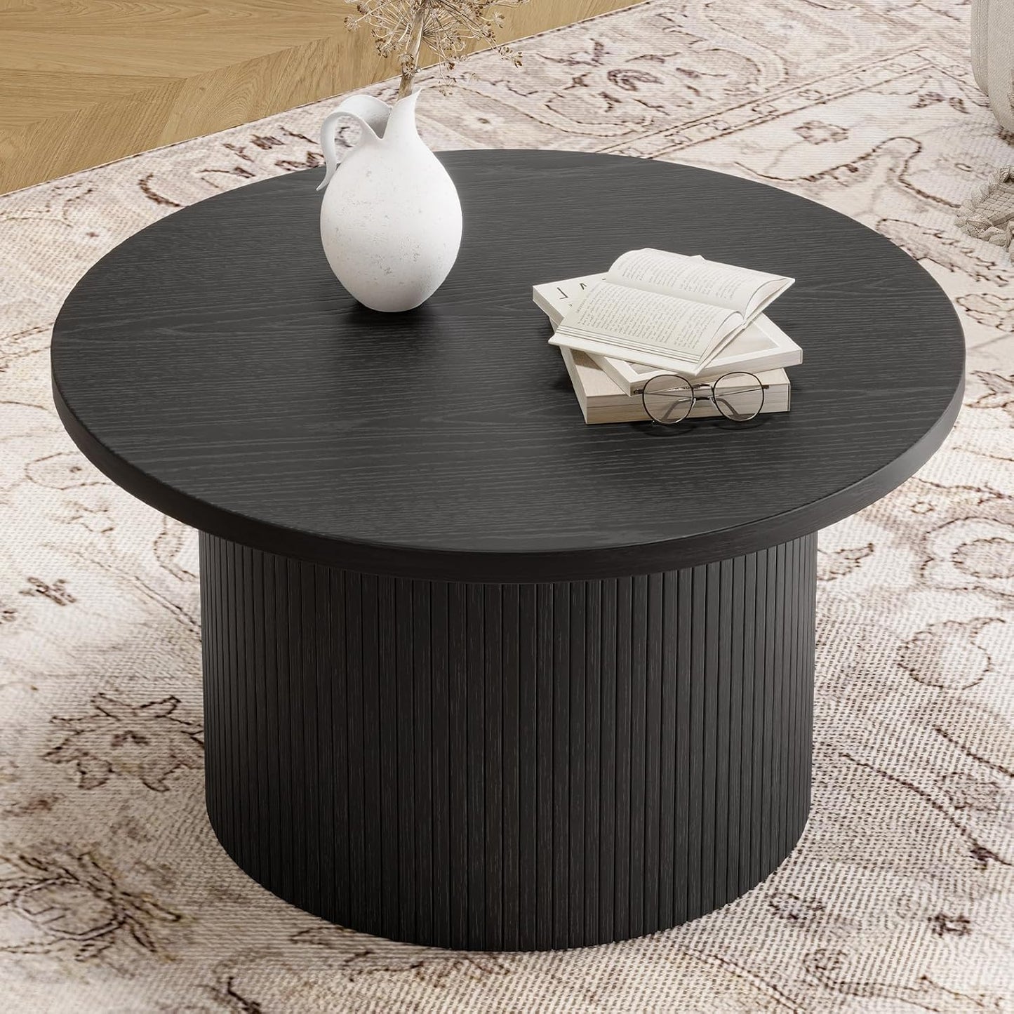 31.5 inch round coffee table, living room roll-up coffee table, mid-century modern wood coffee table