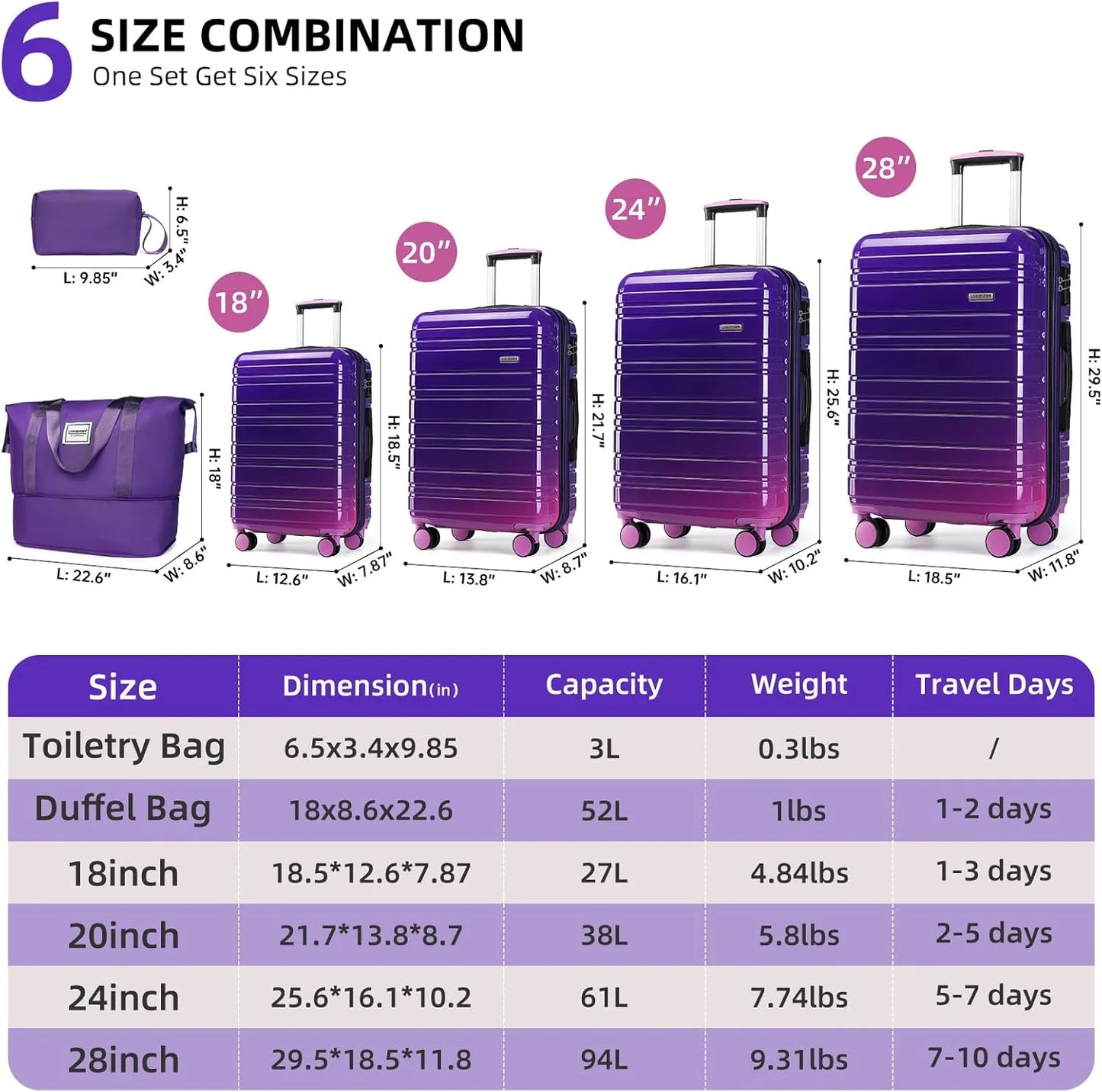 6-piece luggage set, expandable hardshell suitcase set with spinner wheels, lightweight rolling luggage set