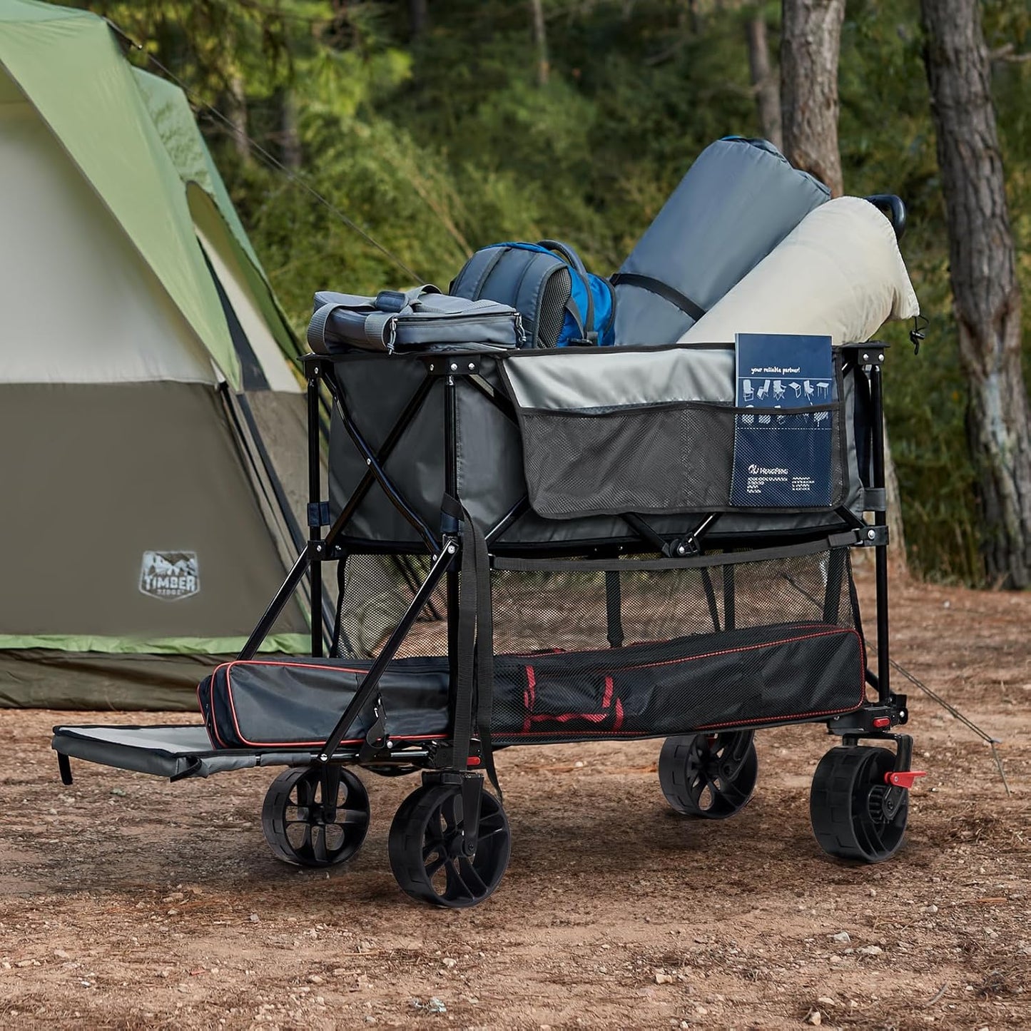 400L Large Capacity Folding Double Decker Cart with Brakes, 54 Inch Extra Long Extended Cart, 450 Pounds Heavy Duty Folding Cart