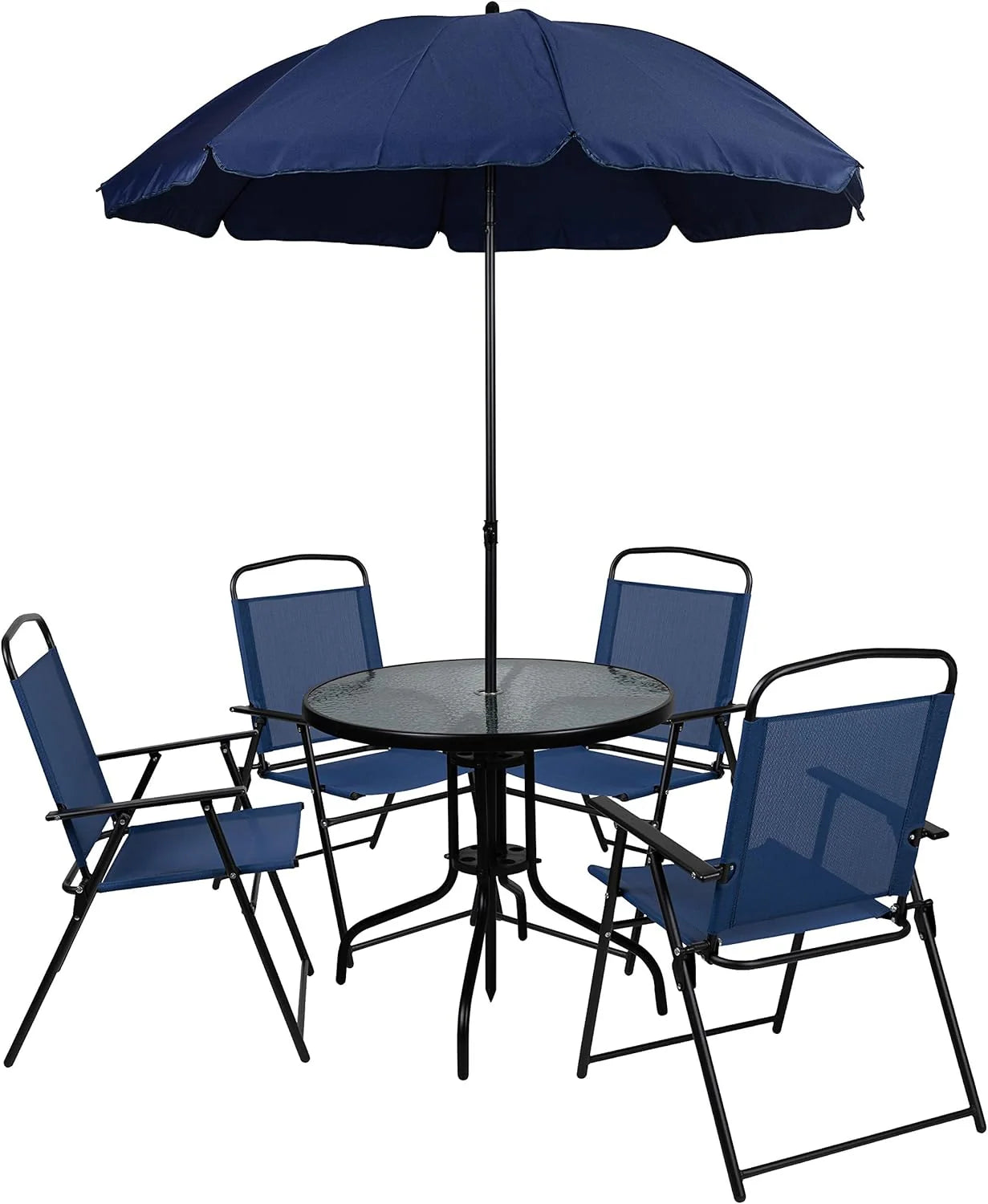 EMMA + OLIVER 6 Piece Brown Patio Garden Set with Umbrella Table and Set of 4 Folding Chairs