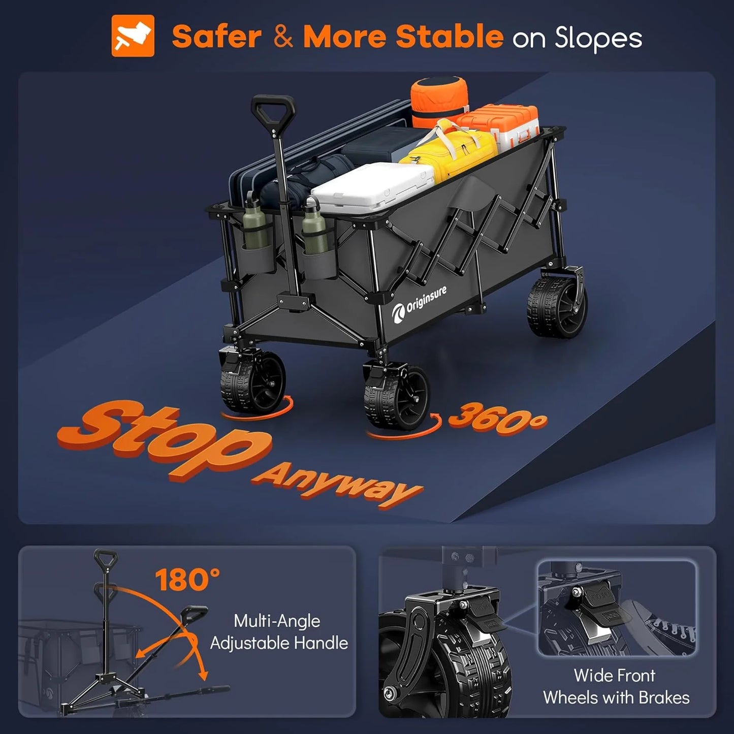 38" long foldable four-wheel stroller, foldable, 460 lb capacity, 220 liter heavy-duty folding beach stroller with large all-terrain tires