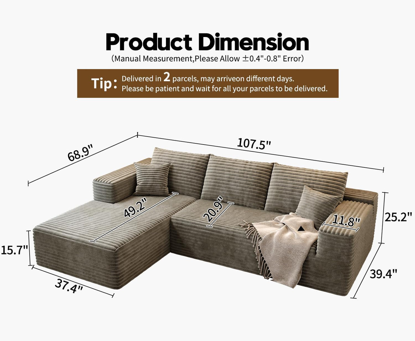 107.5" Cloud Modular Sectional Sofa Couch with L-Shape Chaise,Modern Minimalist Upholstered Couches