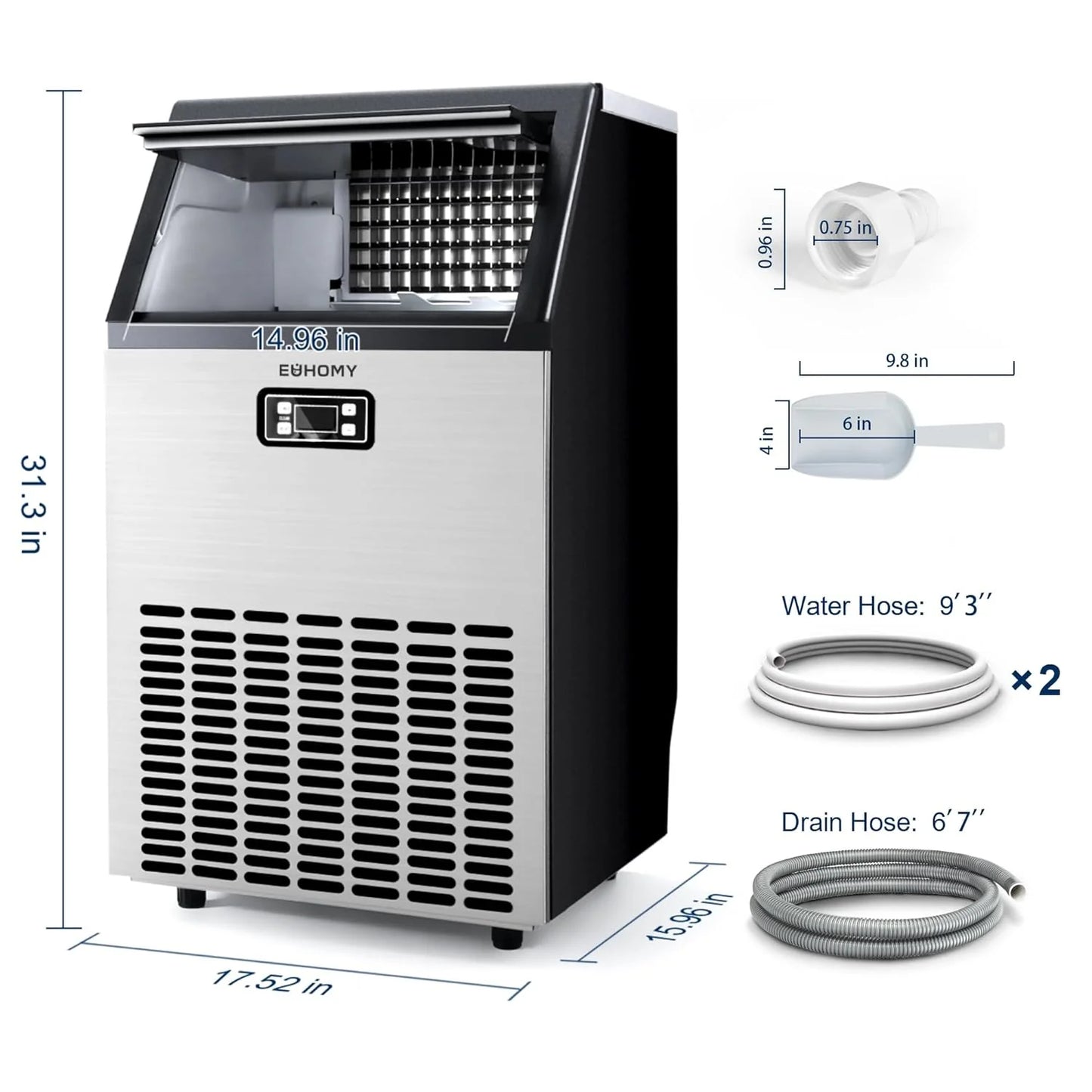 EUHOMY Commercial Ice Maker Machine, 100lbs/24H Stainless Steel Under Counter ice Machine with 33lbs Ice Storage Capacity, Freestanding Ice Maker.
