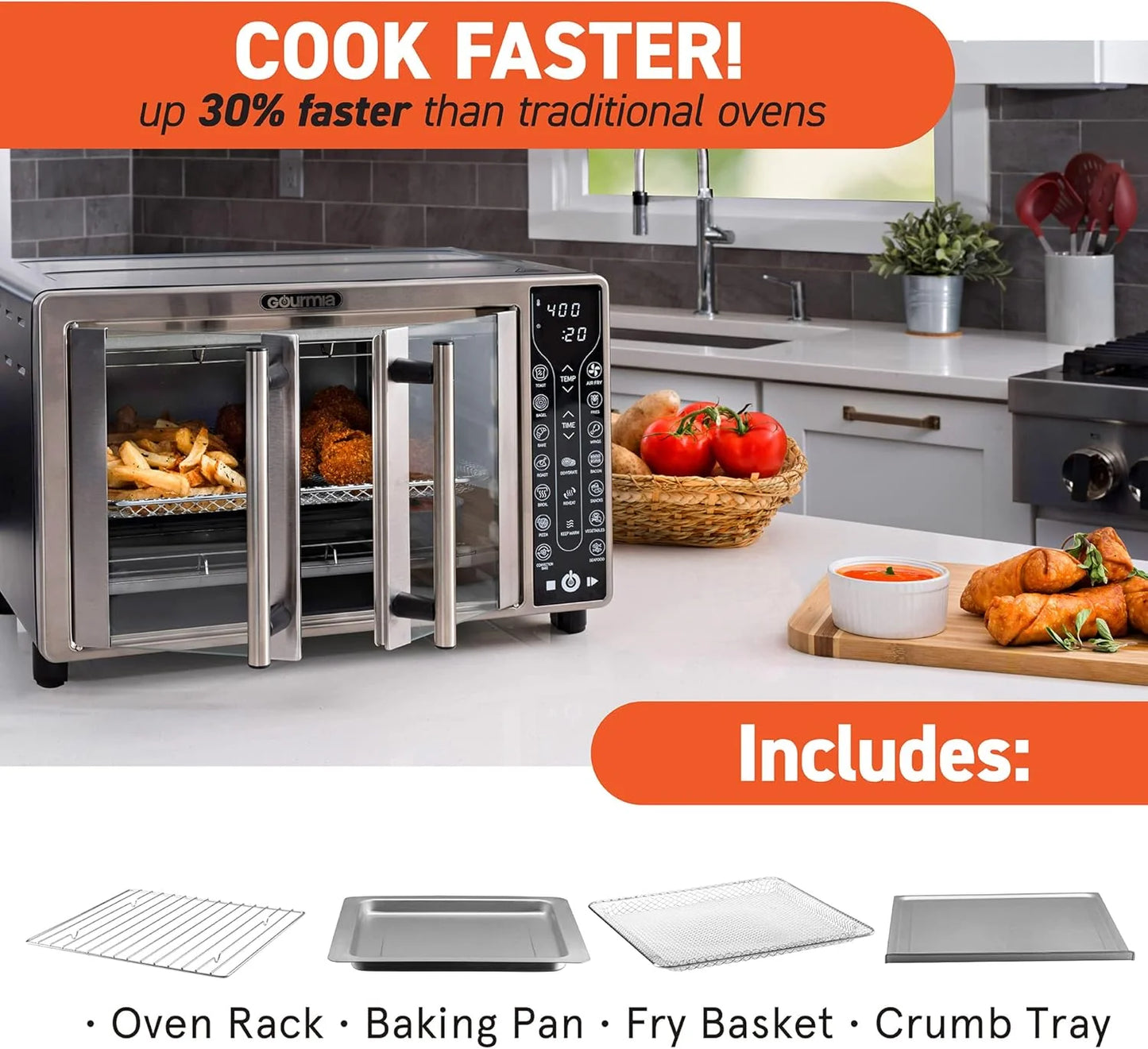 Gourmia Oven Air Fryer Combo with 17 Cooking Presets, 24L Capacity, Convection Rack, Baking Tray, Recipe Book GTF7460