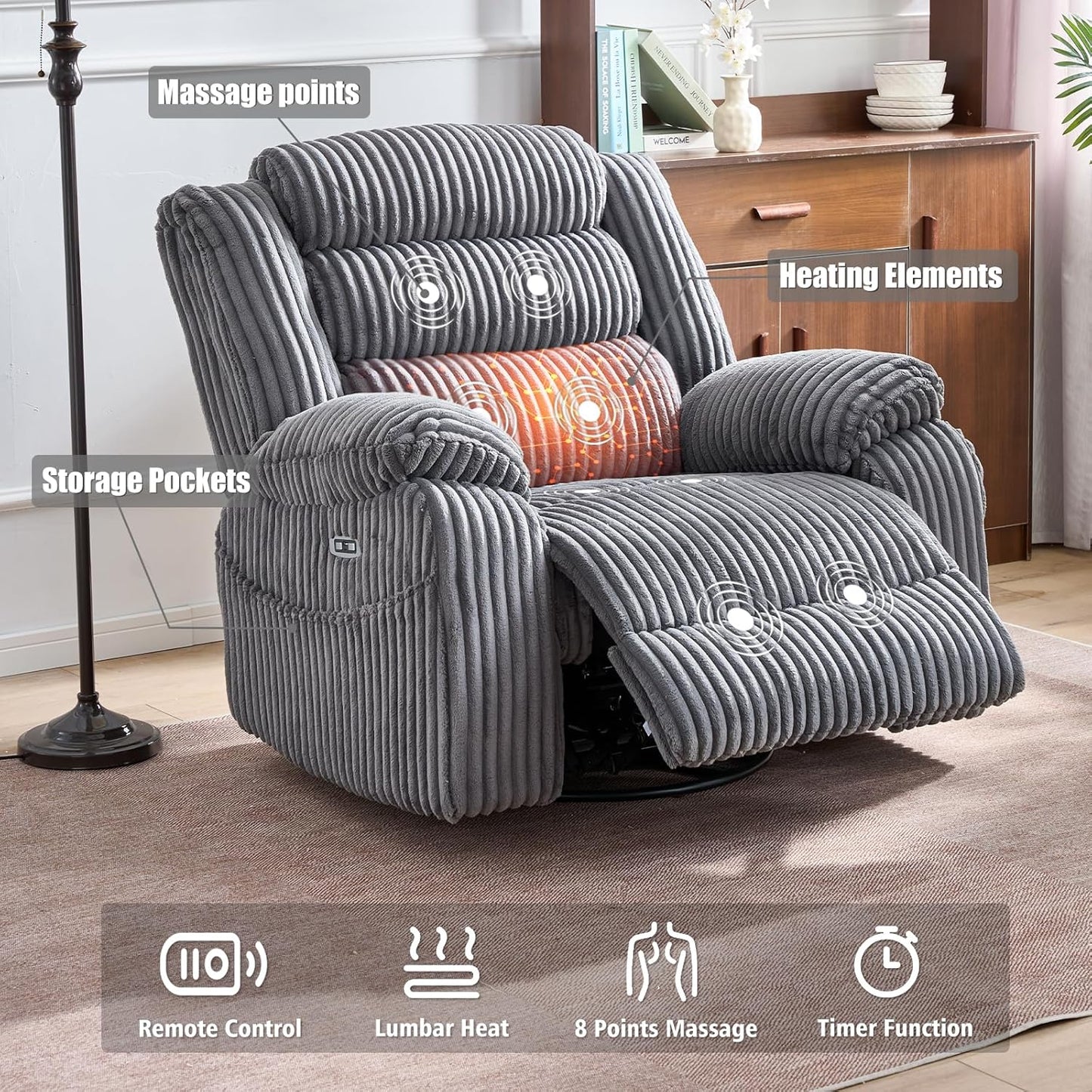 Electric rotary rocker lounge chair for adults with massage and calories, USB and C charging ports