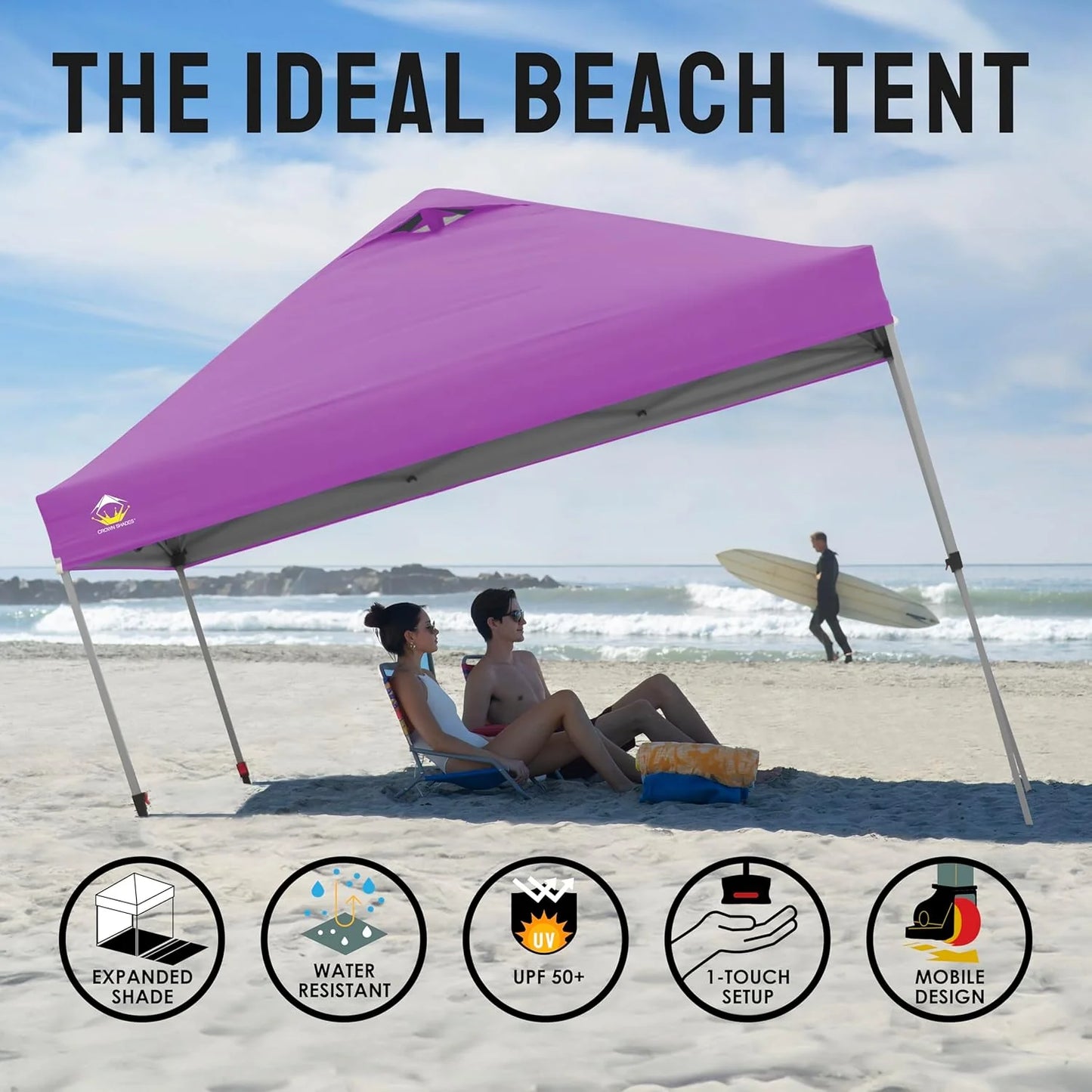10x10 Pop-Up Awning - One-Click Installation Beach Tent - Outdoor Sunshade Silver Coated Top, 3 Heights and 4 Sand Pockets