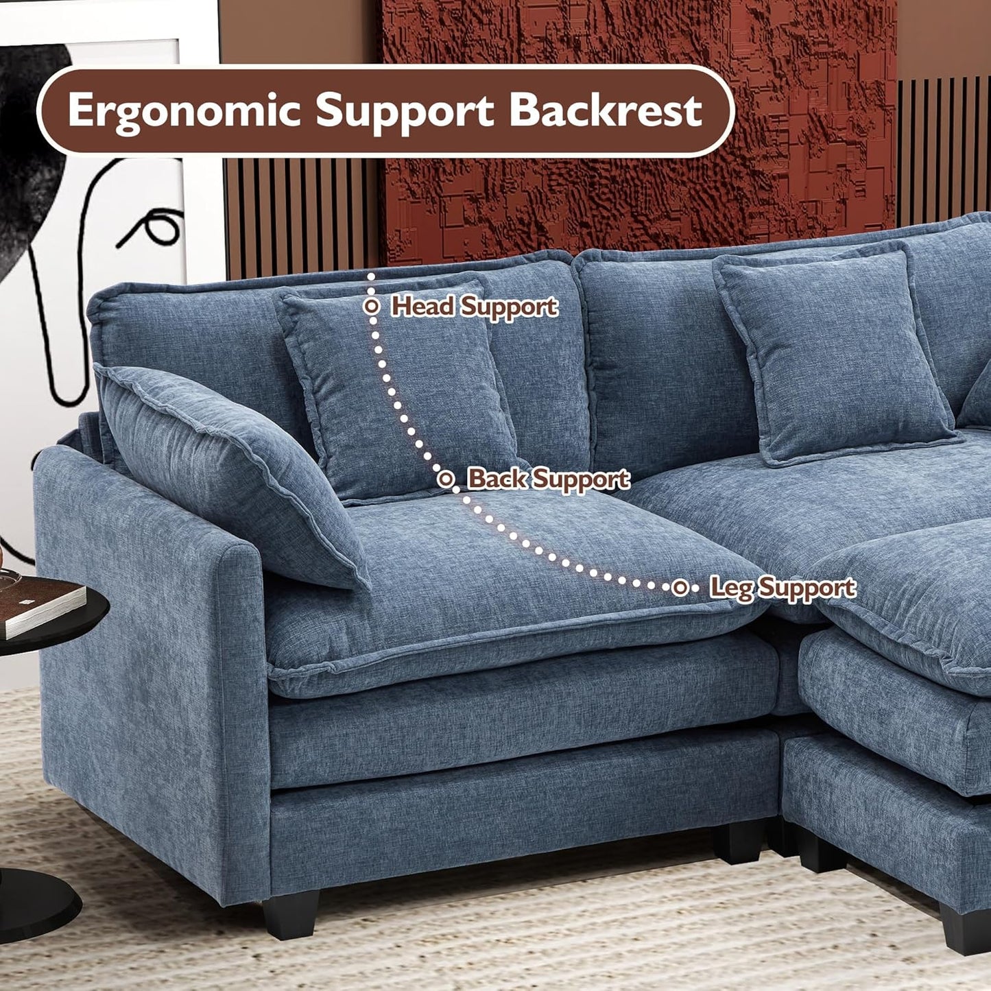 111.4 Inch L-Shaped Modern Sofa Modular Cloud Sofa with Ottoman, 4-Seater Chenille Deep Seat Sofa with Pillows for Living Room, Bedroom and Apartment, Beige