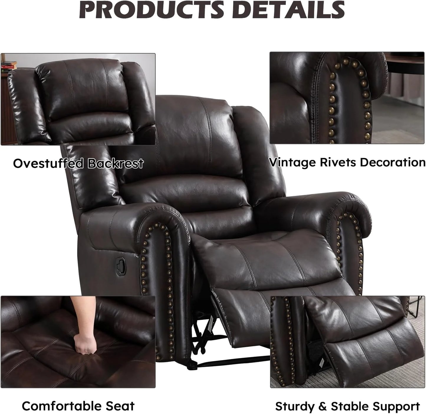 Leather recliner, classic traditional manual recliner, single sofa for living room