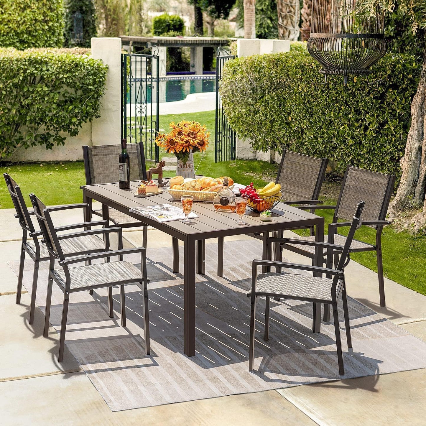Homall Patio Dining Set 7 Pieces Outdoor Furniture Table and 6 Textilene Chairs, Light Grey