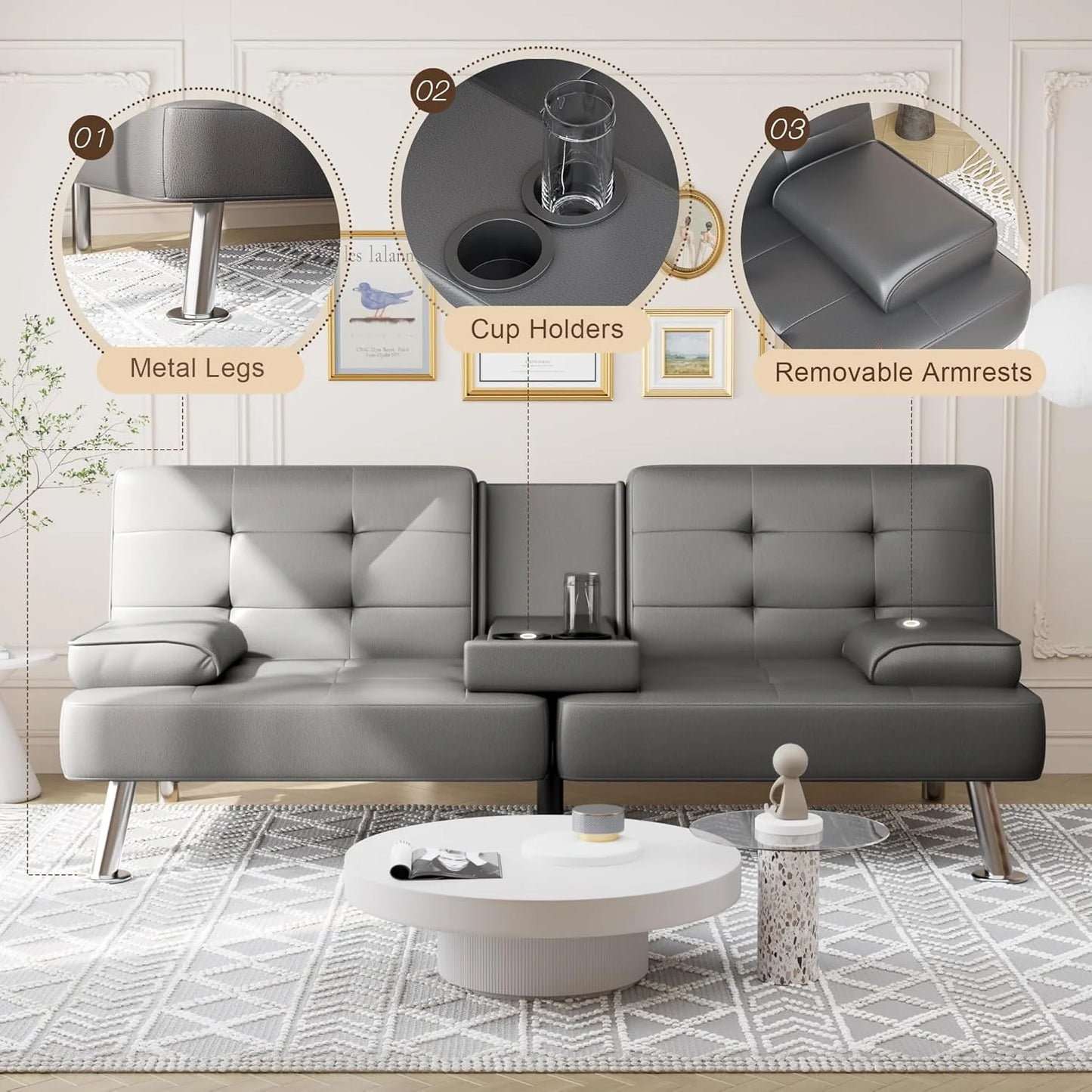 Shahoo Convertible Folding Futon Sofa Bed Sleeper Couch for Living Room Faux Leather Upholstered Loveseat w/Removable Armrests, Metal Legs, 2 Cup Holders, Black