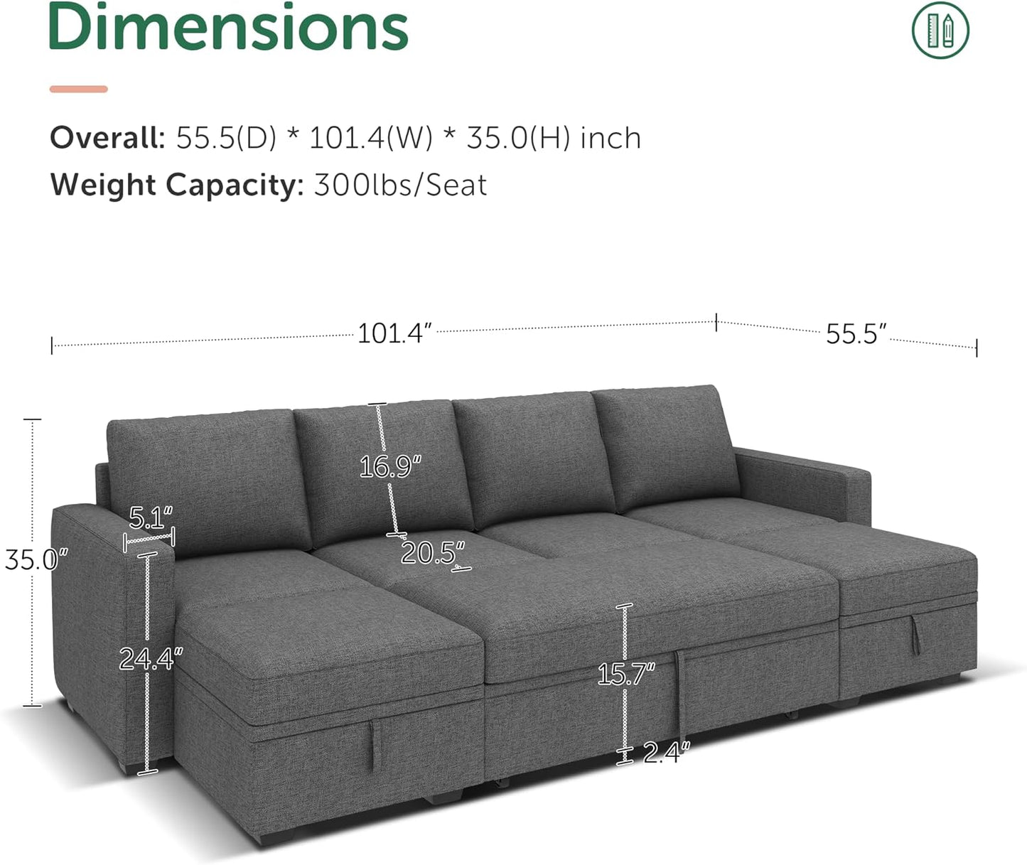 HONBAY Modular Sectional Sleeper Sofa with Pull Out Bed, L Shaped Couch with Storage Seat, Convertible Sectional Couches for Living Room