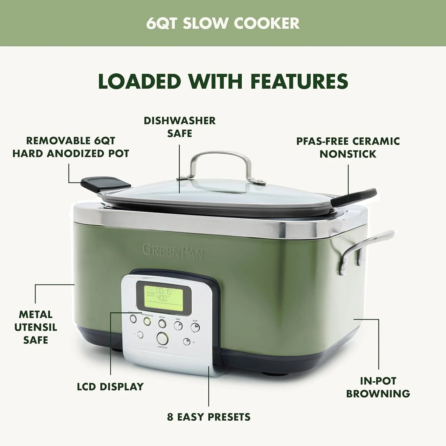 8-in-1 Programmable 6QT Electric Slow Cooker with Dishwasher-Safe Lid and Removable Base