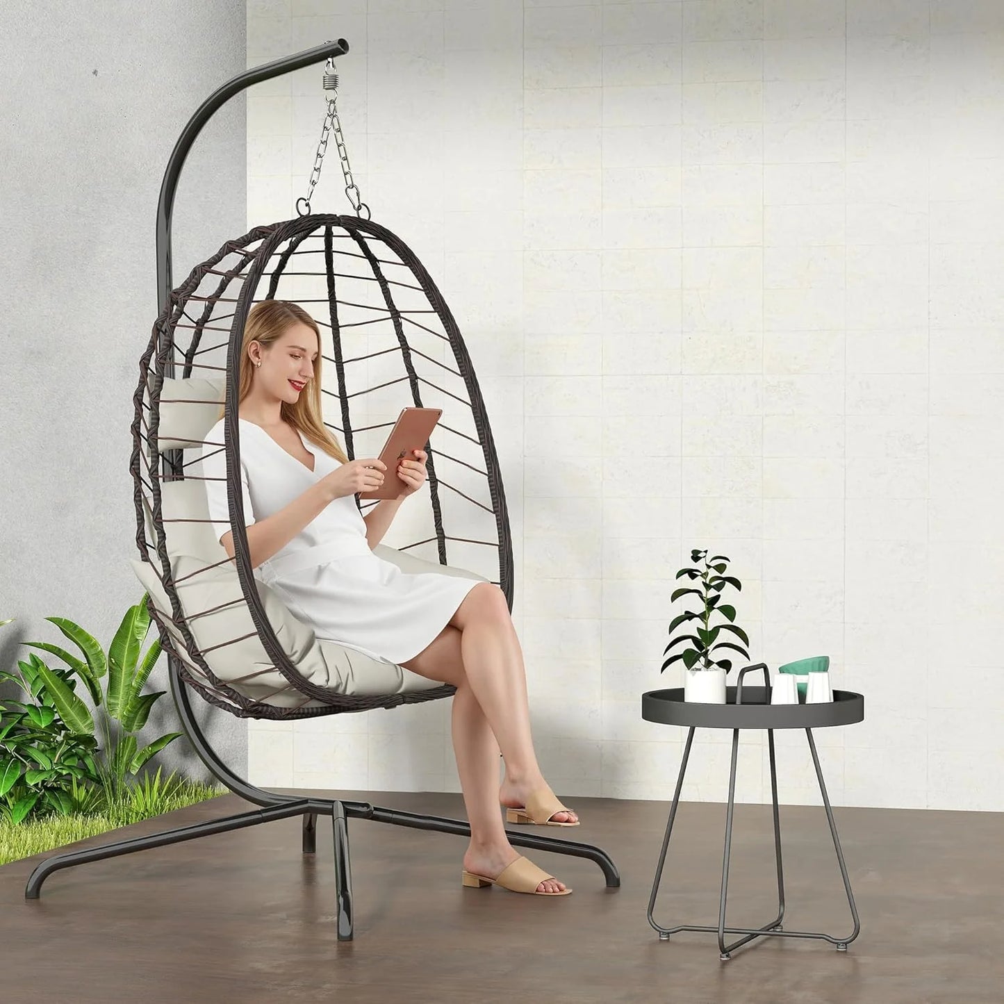 Hanging Egg Chair with Stand, Swinging Egg Chair Outdoor Indoor, Hanging Basket Chair with Cushion, Patio Wicker Hammock Chair 350lbs Capacity for Bedroom, Balcony, Backyard, Garden (Grey)