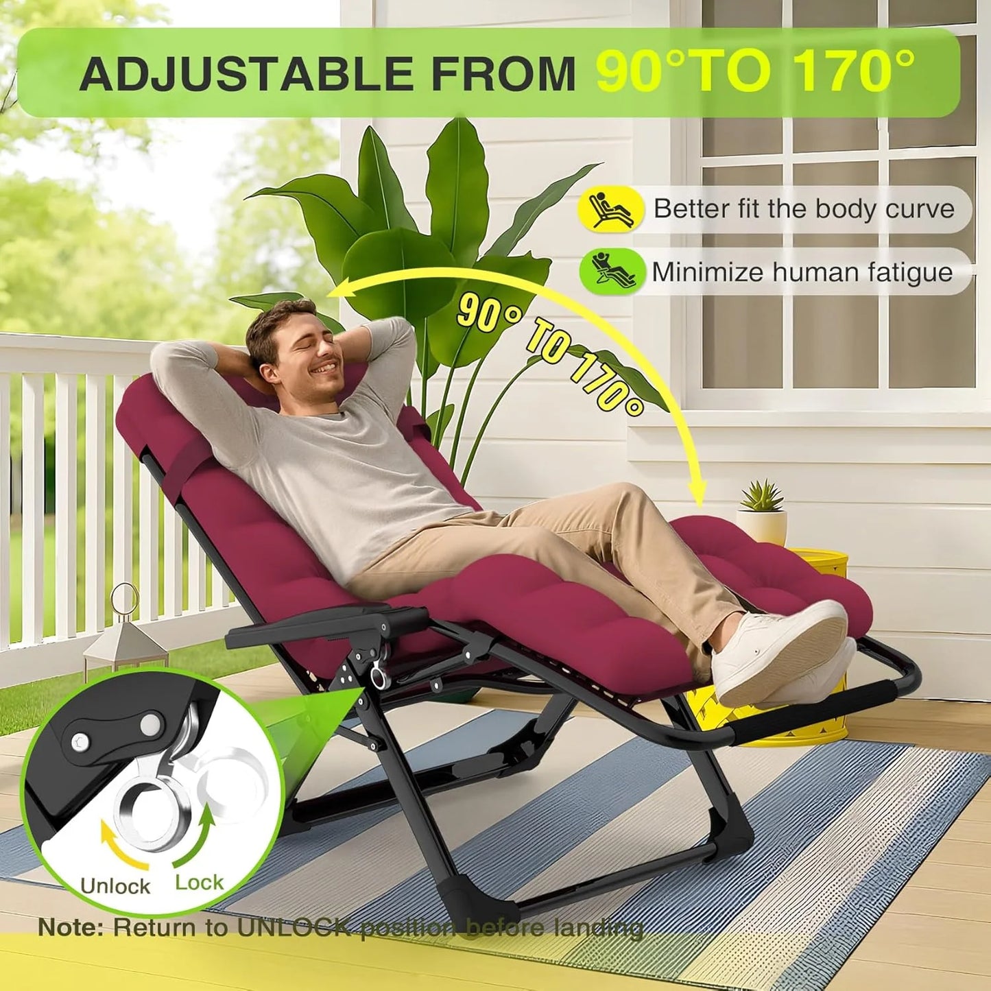 Indoor and outdoor patio chair folding lounge chair zero gravity chair with removable cushion camping lounge chair