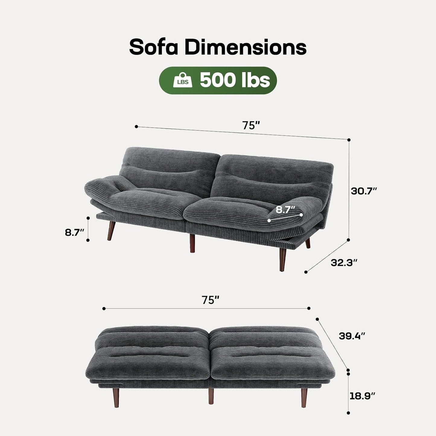 Futon Sofa Bed, Futon Sofa with Adjustable Back and Armrests, Converts to Small Sleeper Sofa Bed Corduroy Loveseat Green