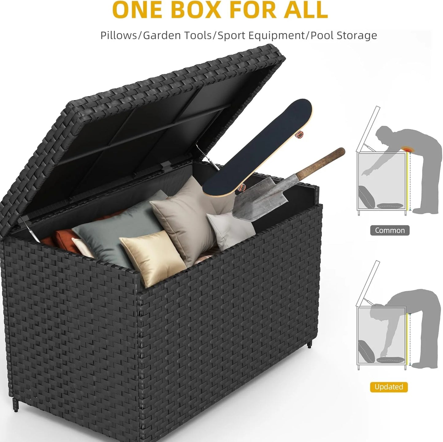 DWVO 70Gal Outdoor Storage Bench with Cushion & Composite Wood Backrest, All-Weather Wicker Deck Bench with Rustproof Bag, Poolside, Patio, Garden (Sand Beige)