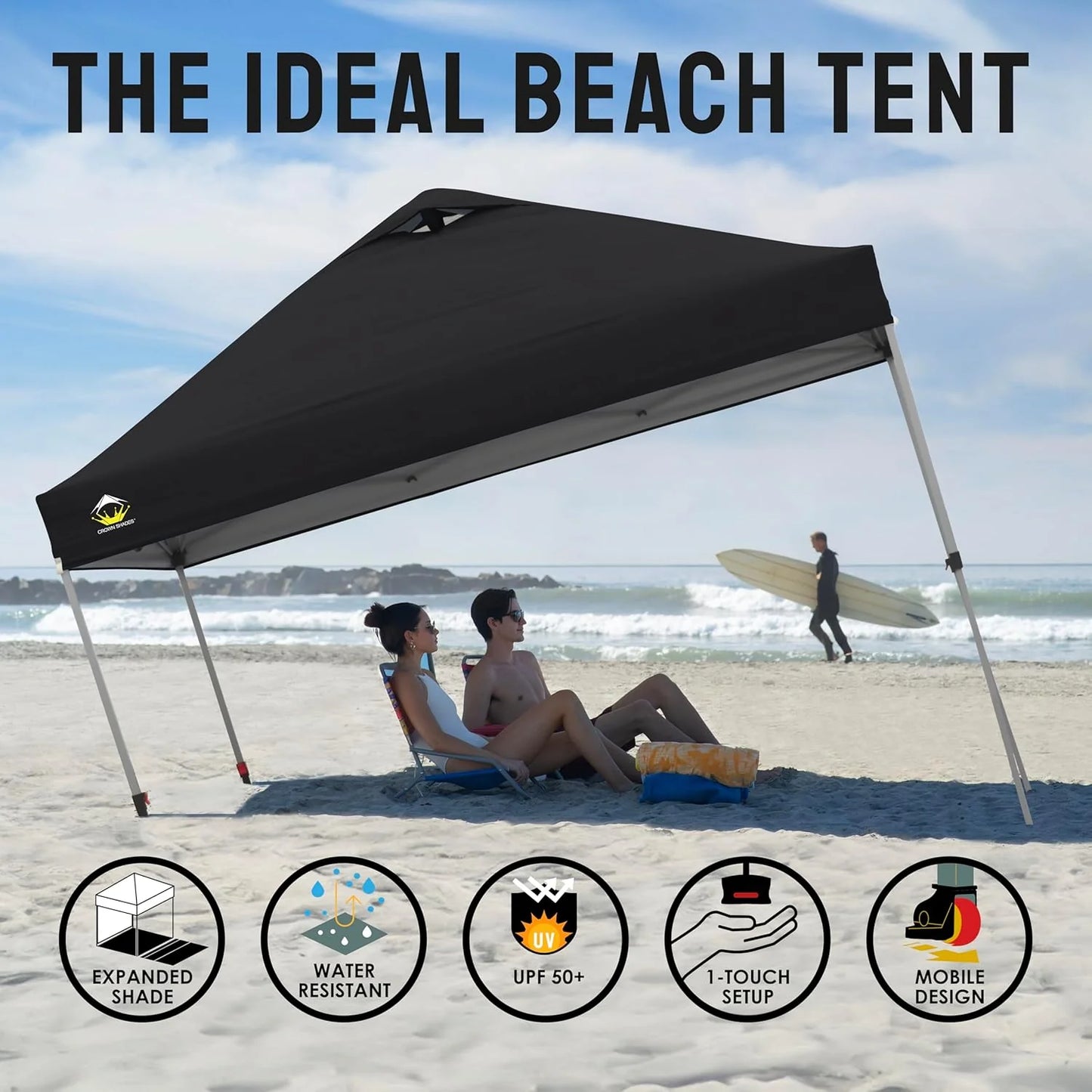 10x10 Pop-Up Awning - One-Click Installation Beach Tent - Outdoor Sunshade Silver Coated Top, 3 Heights and 4 Sand Pockets