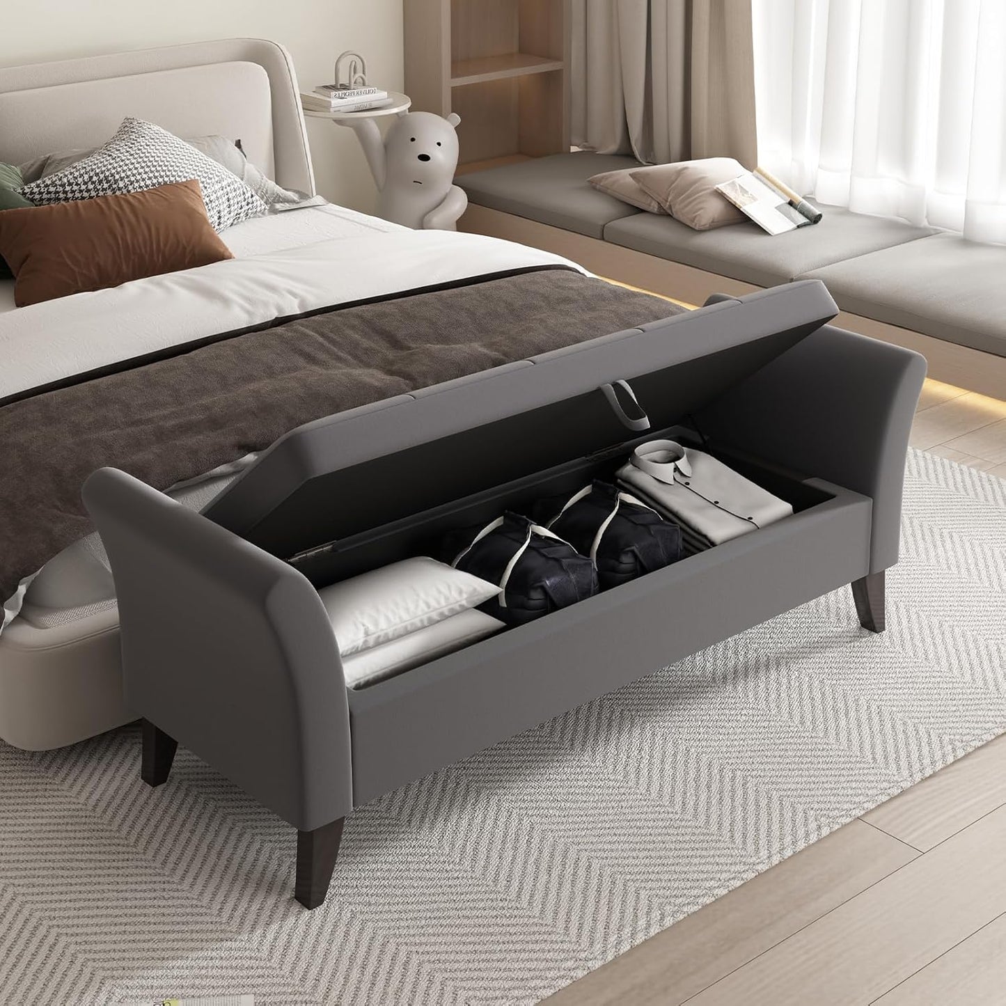 Furniliving Modern Storage Ottoman Bench, Sherpa Ottoman End of Bed Bench with Solid Wood Legs Upholstered Ottoman Benches with Storage Indoor Bench