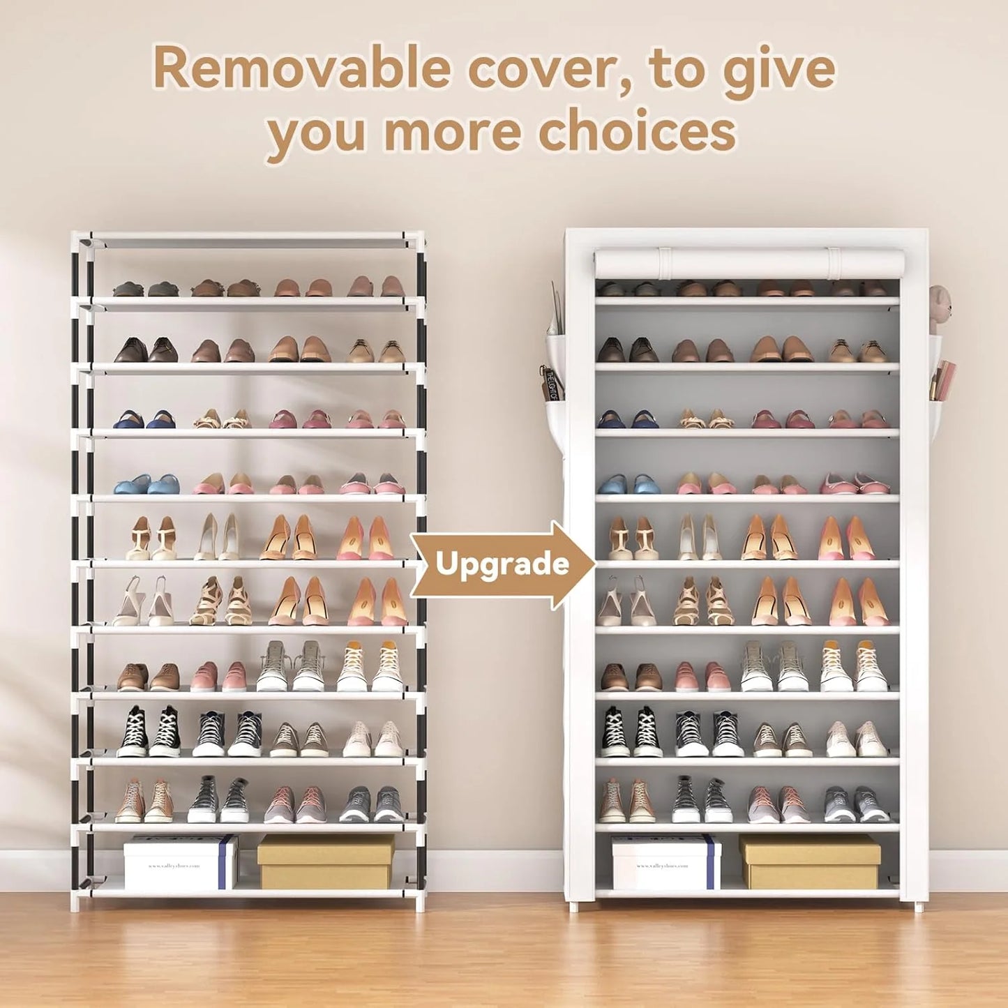 ROJASOP 10 Tier Shoe Rack with Covers,Large Capacity Stackable Tall Shoe Shelf Storage to 50-55 Pairs Shoes and Boots Sturdy Metal Free Standing Shoe Rack Organizer for Closet Entryway Garage