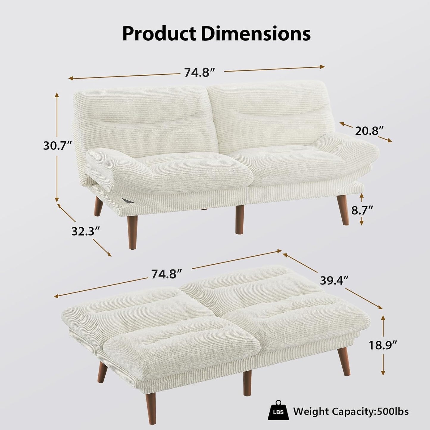 Convertible Futon Sofa Bed, 66 Inch Corduroy Futon Sofa Recliner Sofa Bed for Small Spaces, Playrooms or Offices