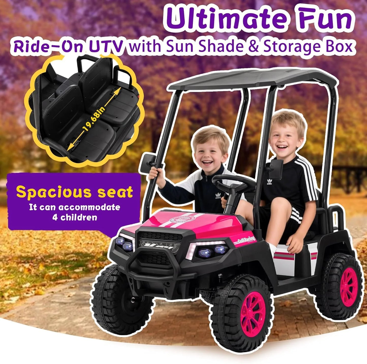 24V 7AH Children's Golf Cart with Remote Control, Removable Awning, 4-Wheel Spring Suspension