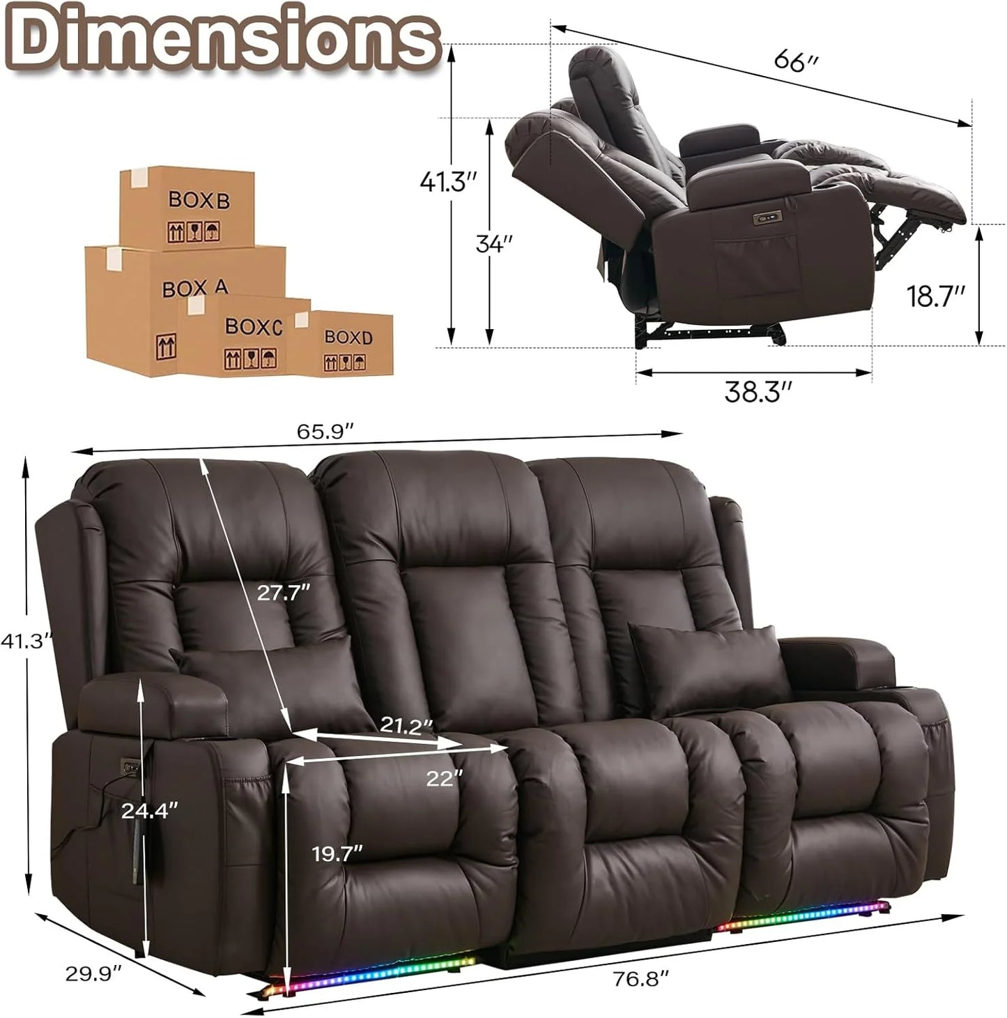 TUNYI Power Loveseat Recliner Sofa with Massage & Heat Home Theater Seating with Console Electric Recliner RV Sofa with USB/Outlet/Storage/Side Pocket/LED Light/Speaker (Brown, Loveseat)