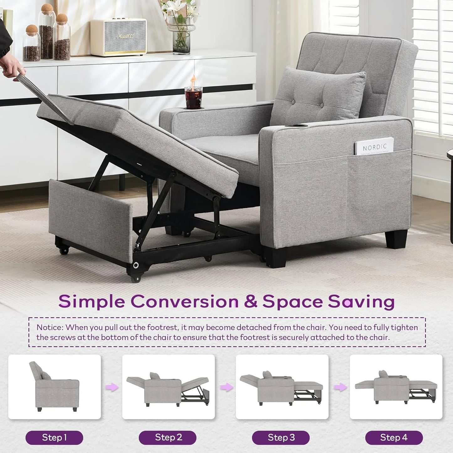 Adult Convertible Sleeper Chair Bed, 3-in-1 Pull-Out Sofa Bed with USB/Type-C Ports, Cup Holders, Side Pockets, Single Sofa