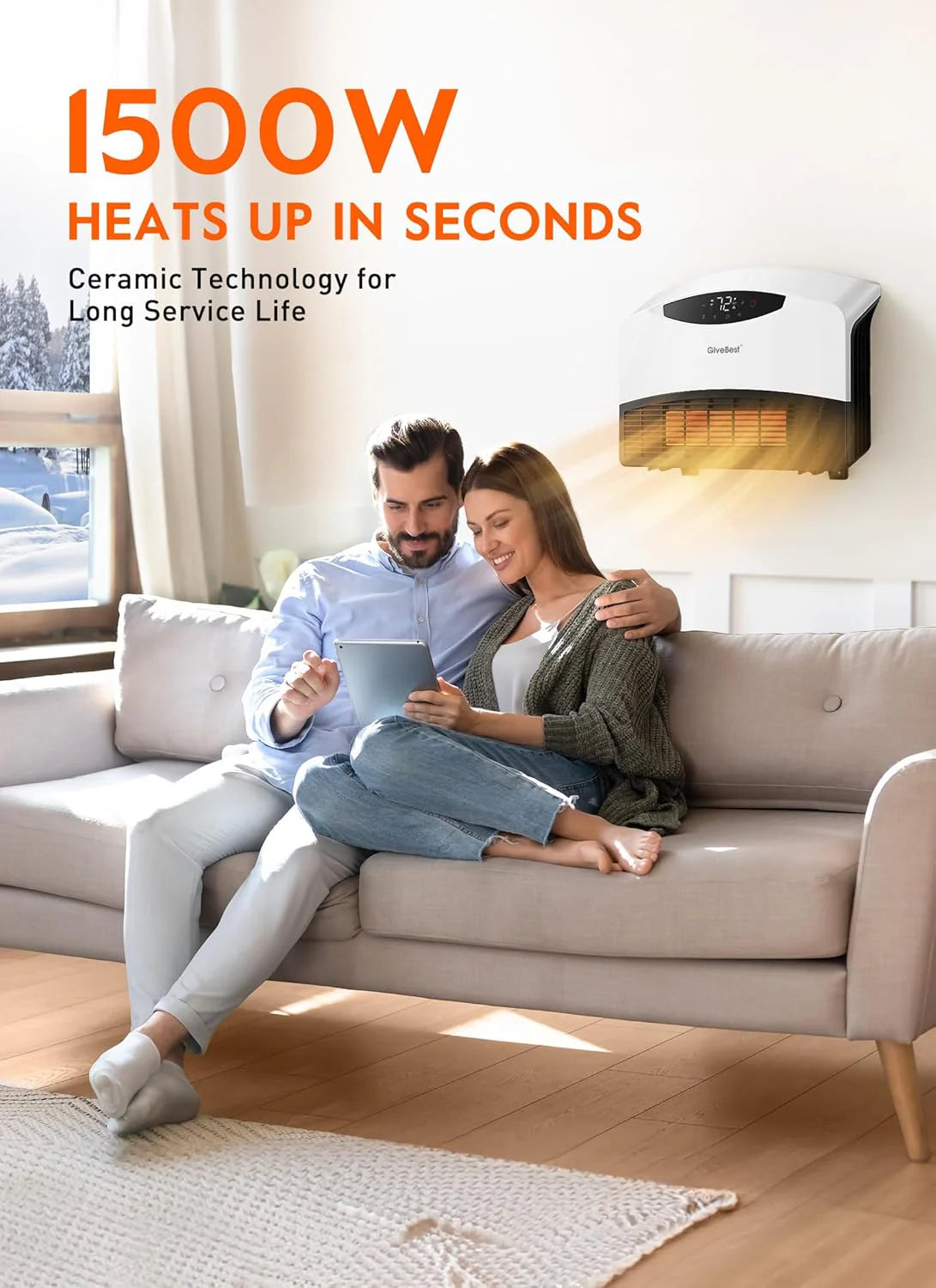 Wall mounted electric heater with WiFi and remote control, floor standing heater 1500W fast coverage for large rooms