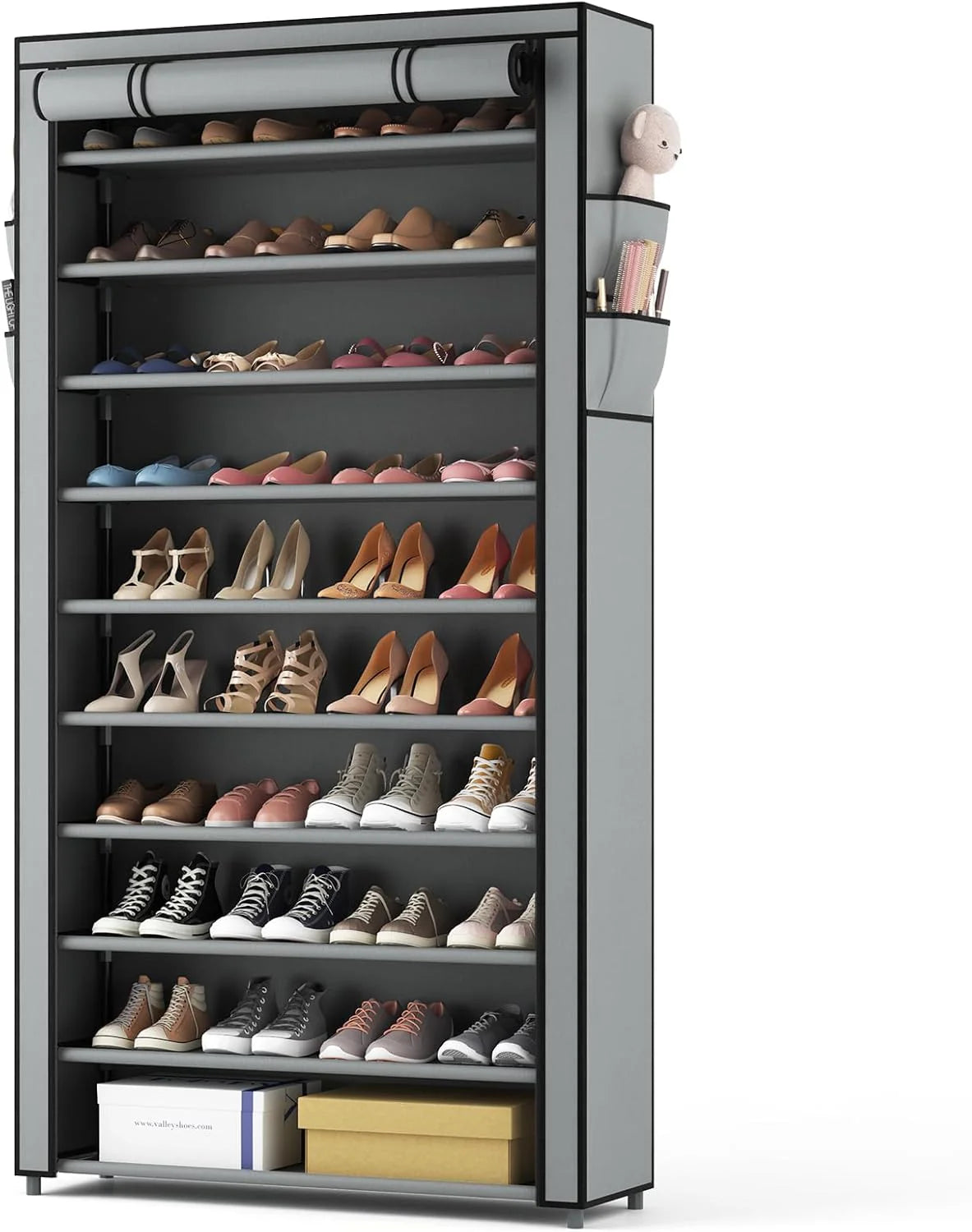 ROJASOP 10 Tier Shoe Rack with Covers,Large Capacity Stackable Tall Shoe Shelf Storage to 50-55 Pairs Shoes and Boots Sturdy Metal Free Standing Shoe Rack Organizer for Closet Entryway Garage