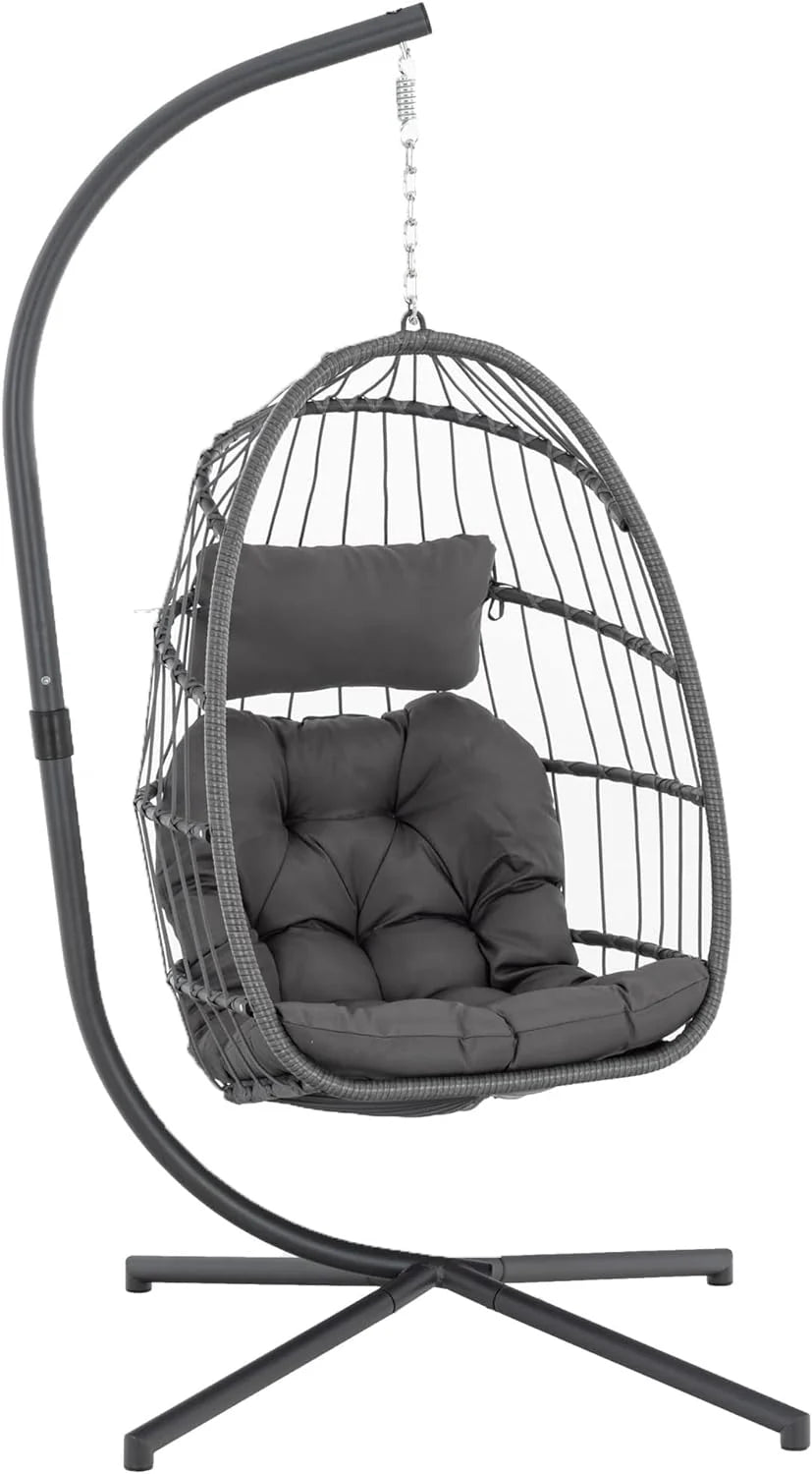Yechen Indoor Outdoor Egg Hanging Chair with Stand, Patio Wicker Swing Egg Chair Indoor Swinging Chair Outdoor Hammock Egg Chair 350lbs Capacity for Patio Bedroom Balcony, Charcoal Grey (EG-001)