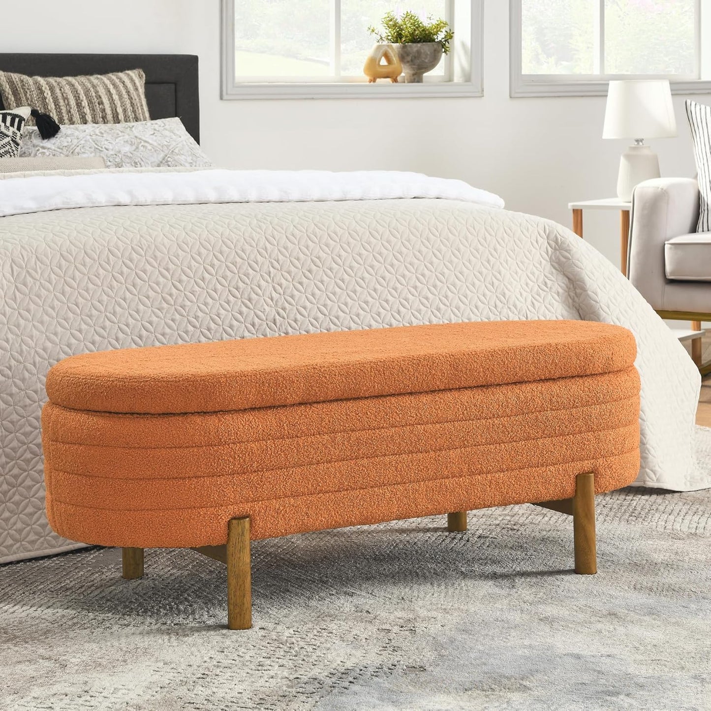 Furniliving Modern Storage Ottoman Bench, Sherpa Ottoman End of Bed Bench with Solid Wood Legs Upholstered Ottoman Benches with Storage Indoor Bench