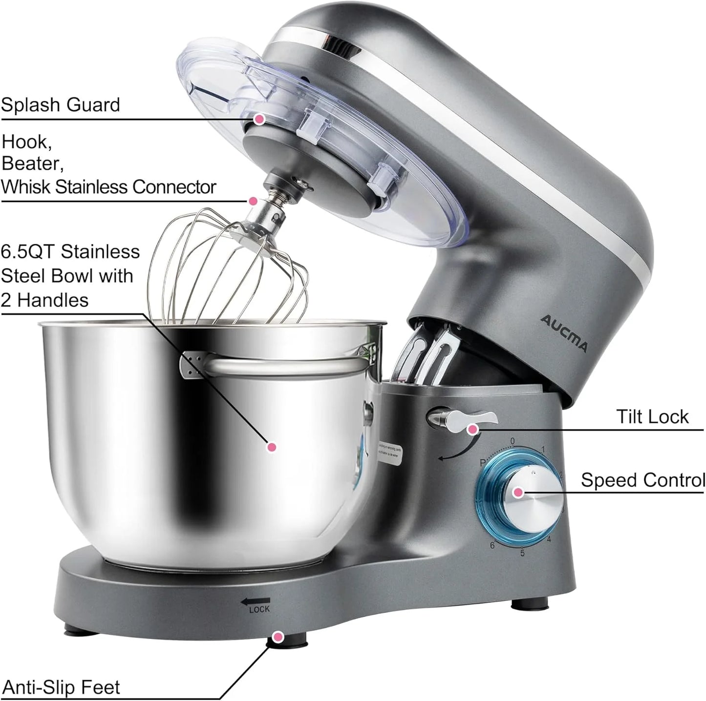 Aucma Stand Mixer,6.5-QT 660W 6-Speed Tilt-Head Food Mixer, Kitchen Electric Mixer with Dough Hook
