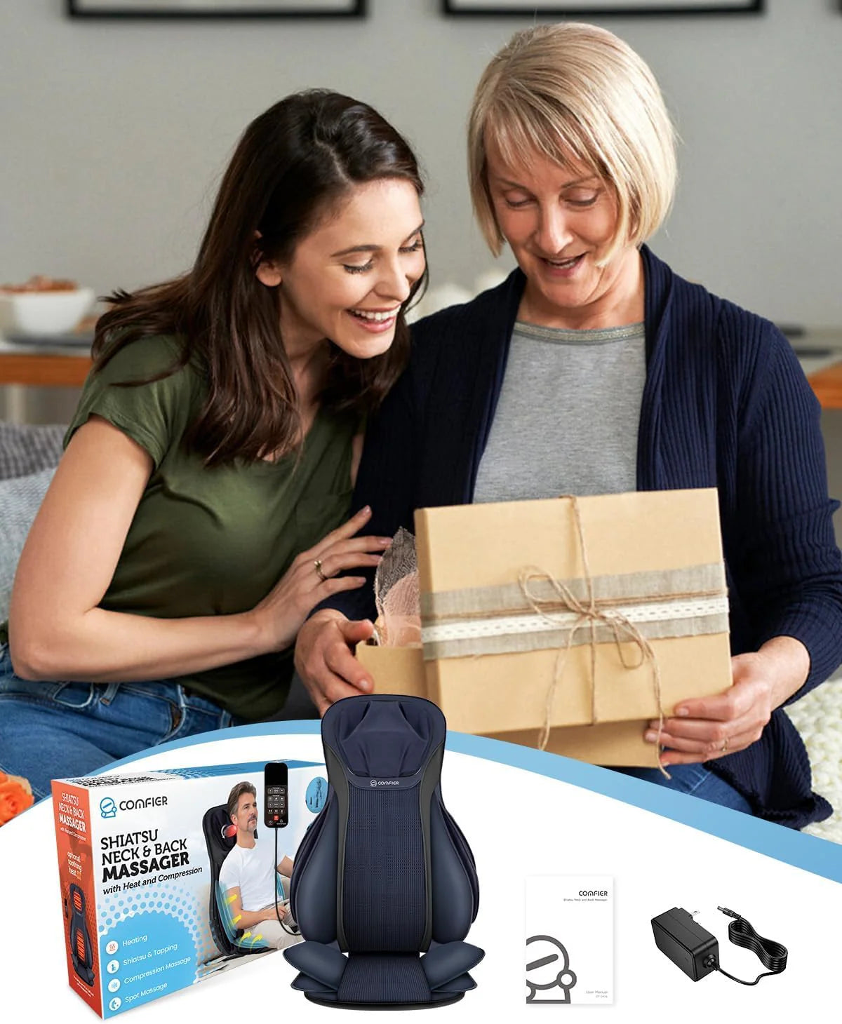 COMFIER Massager Chair with Heat Shiatsu Neck Back Massager Portable with Compress & Rolling Massage Chair Pad for Full Back Neck & Shoulders Full Body Pain