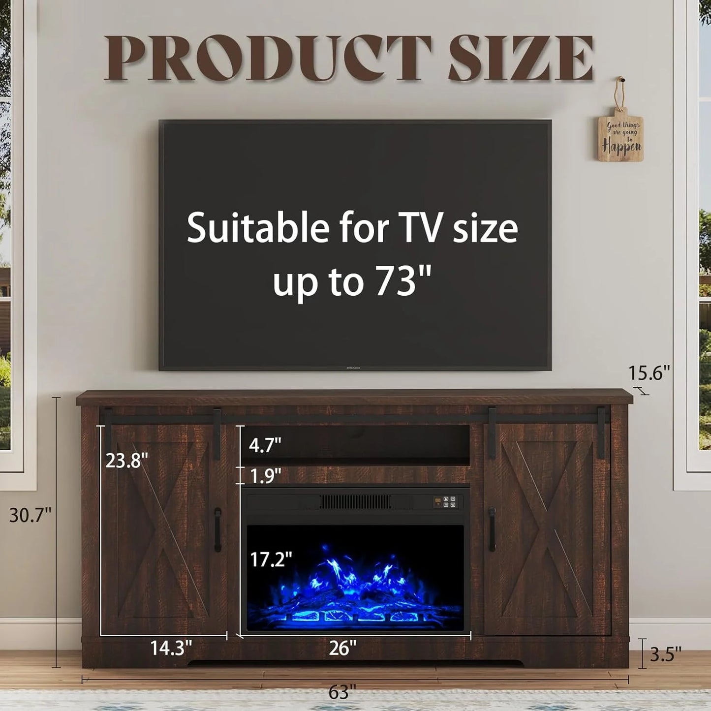 AMERLIFE Fireplace TV Stand with Sliding Barn Door for TVs up to 73", Farmhouse 63" Fireplace Entertainment Center with Storage Cabinets/Adjustable Shelves