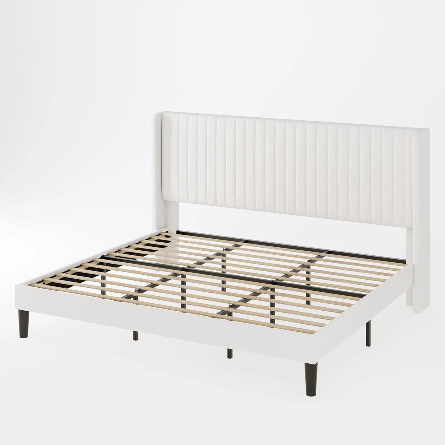 Allewie Full Size Velvet Bed Frame/Vertical Channel Tufted Wingback Headboard/Upholstered Platform Bed/Strong Wooden Slats/No Box Spring Needed/Easy Assembly/White
