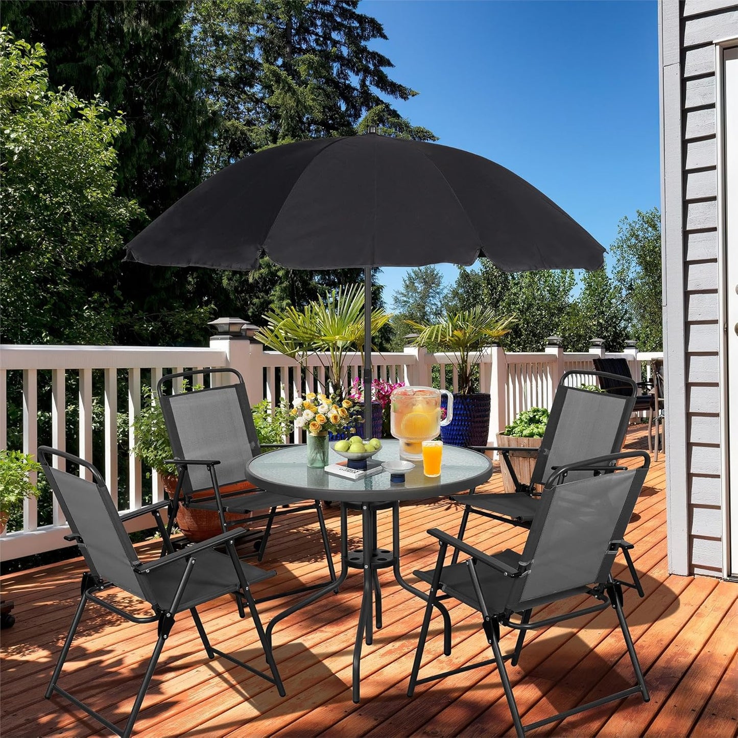 Vongrasig 6 Piece Folding Patio Dining Set,Small Metal Outdoor Garden Patio Table and Chair Set w/Umbrella for Lawn,Deck,Backyard,Black