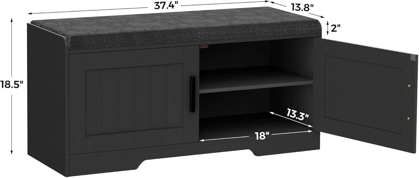 2-Tier Storage Bench, Shoe Bench with Thickened Padded Seat Cushion, Entryway Bench with 4 Doors, Adjustable Shelf
