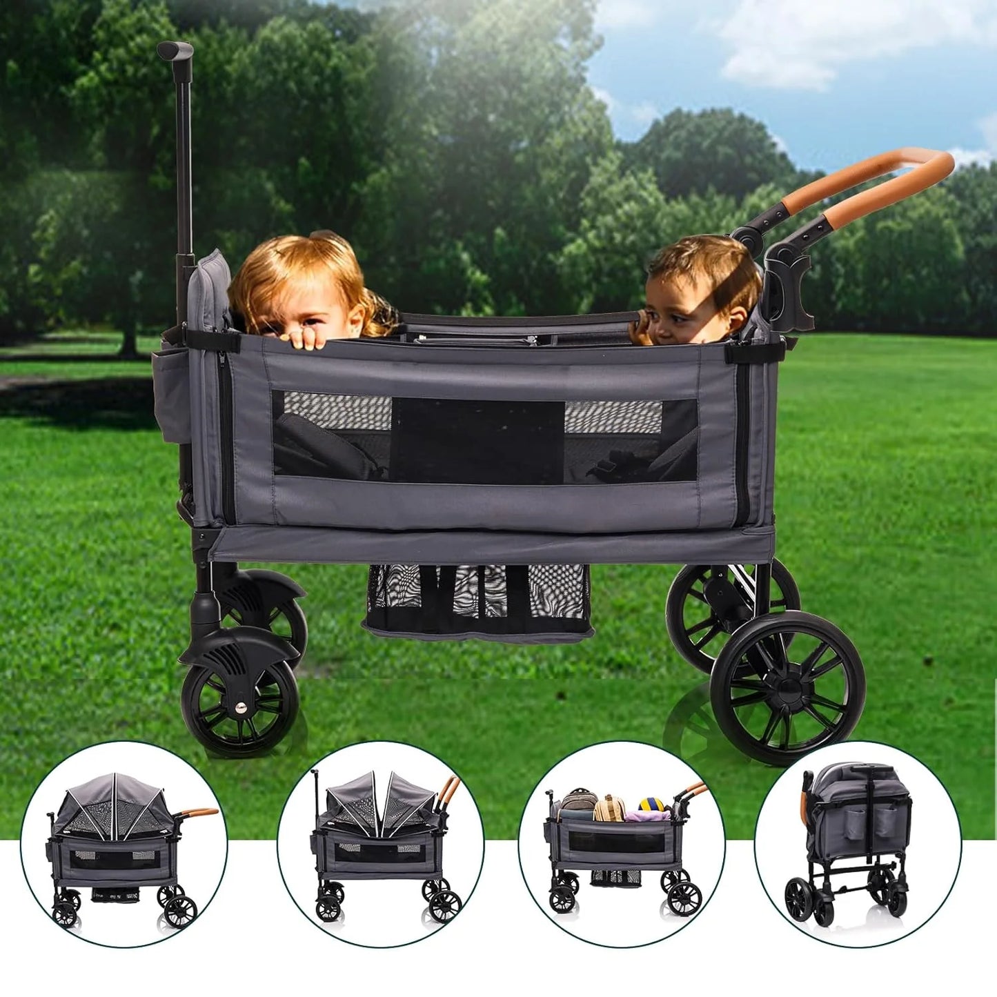 Wagon Stroller for 2 Kids & Cargo-Travel Stroller Push-Pull Double Wagon Lightweight Folding Stroller for Newborn&Toddler with 5-Point Harness,Adjustable Handle Bar and Canopy,Tray Table,Cup Holder