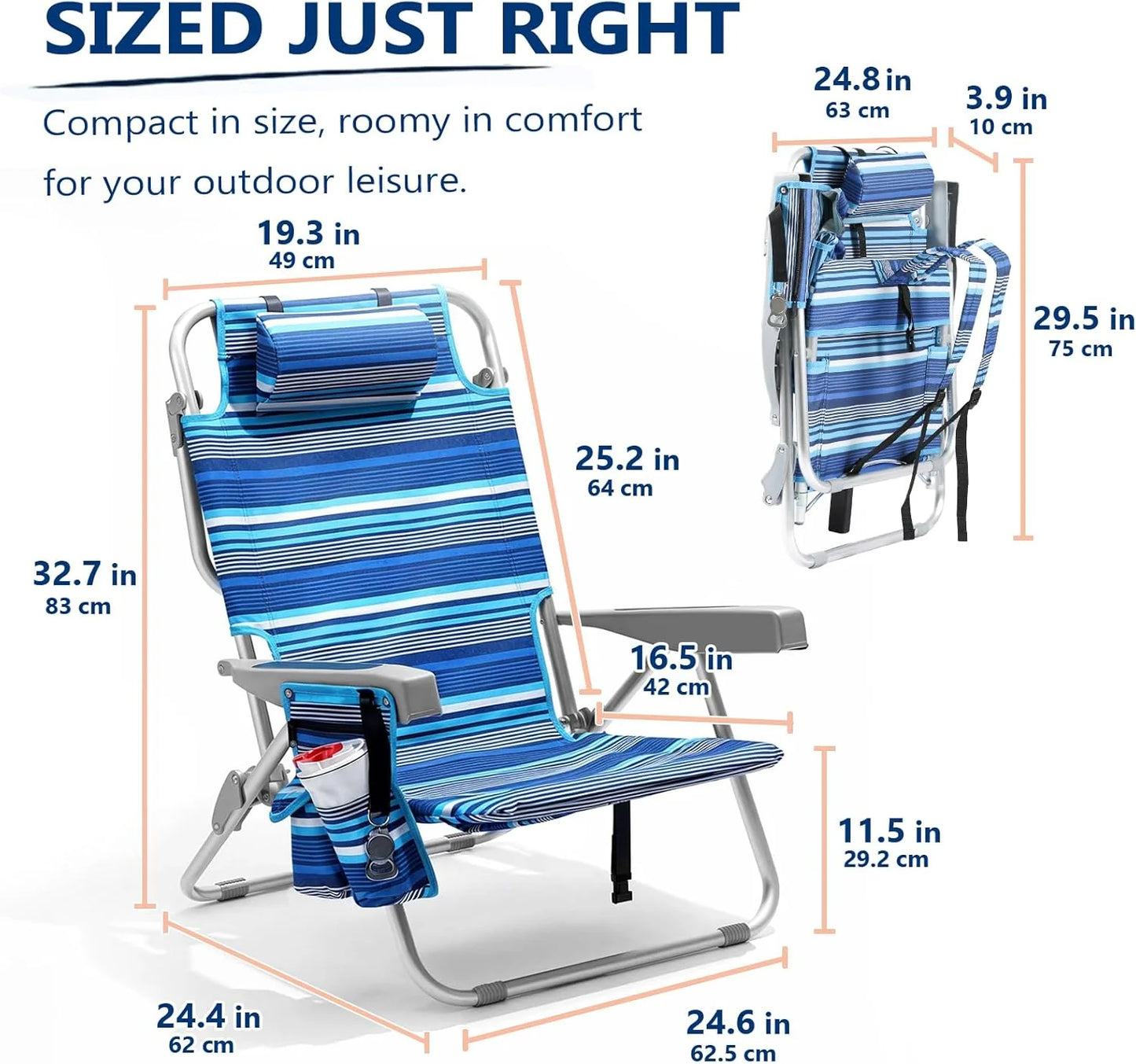 5-Position Aluminum Lay Flat Tall Backpack Beach Chairs 2 Pack Compact Portable Beach Chairs for Adults with Cooler Pouch, Storage Pouch, Towel Bar, Cup Holder & Phone Holder, Blue Stripe
