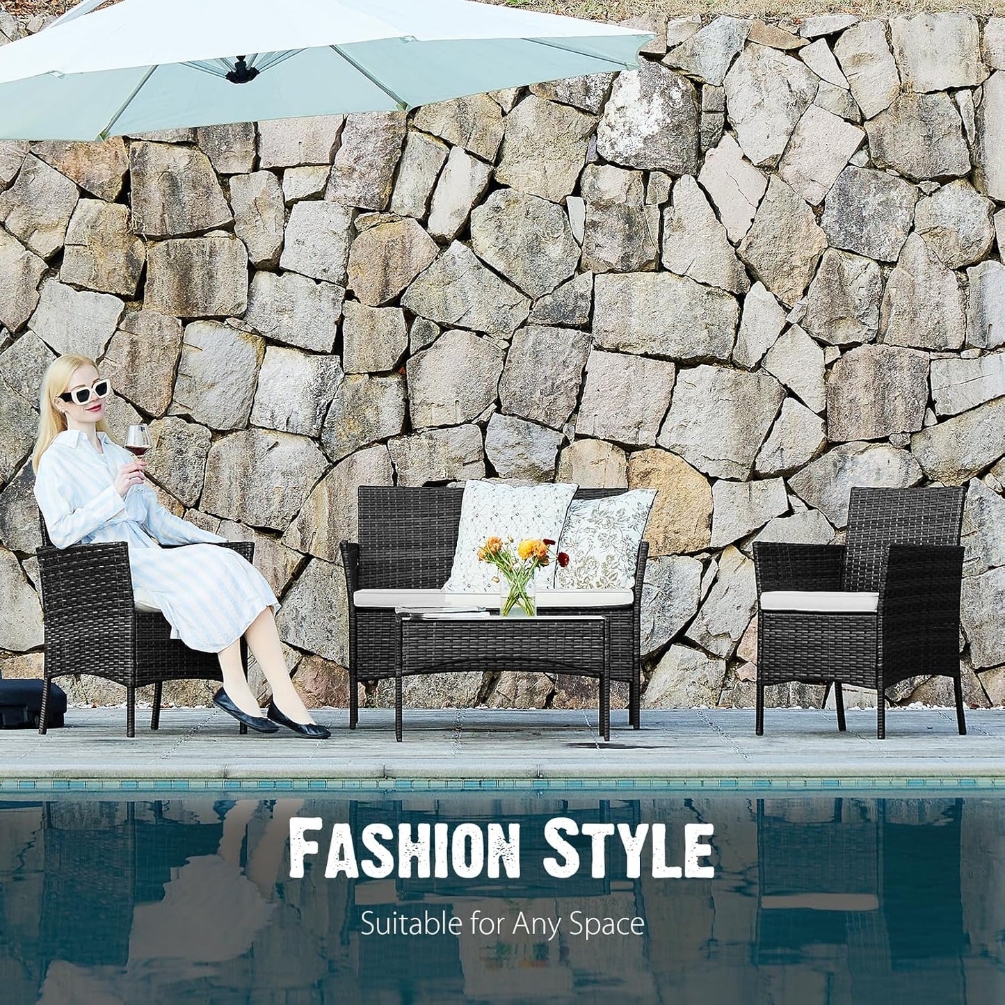 Sweetcripy Patio Furniture Set 3 Pieces, Outdoor Furniture with Soft Cushion and Glass Table, All Weather Manual Weaving Wicker Rattan Patio Chairs for Garden, Terrace, Porch(Black and Beige)