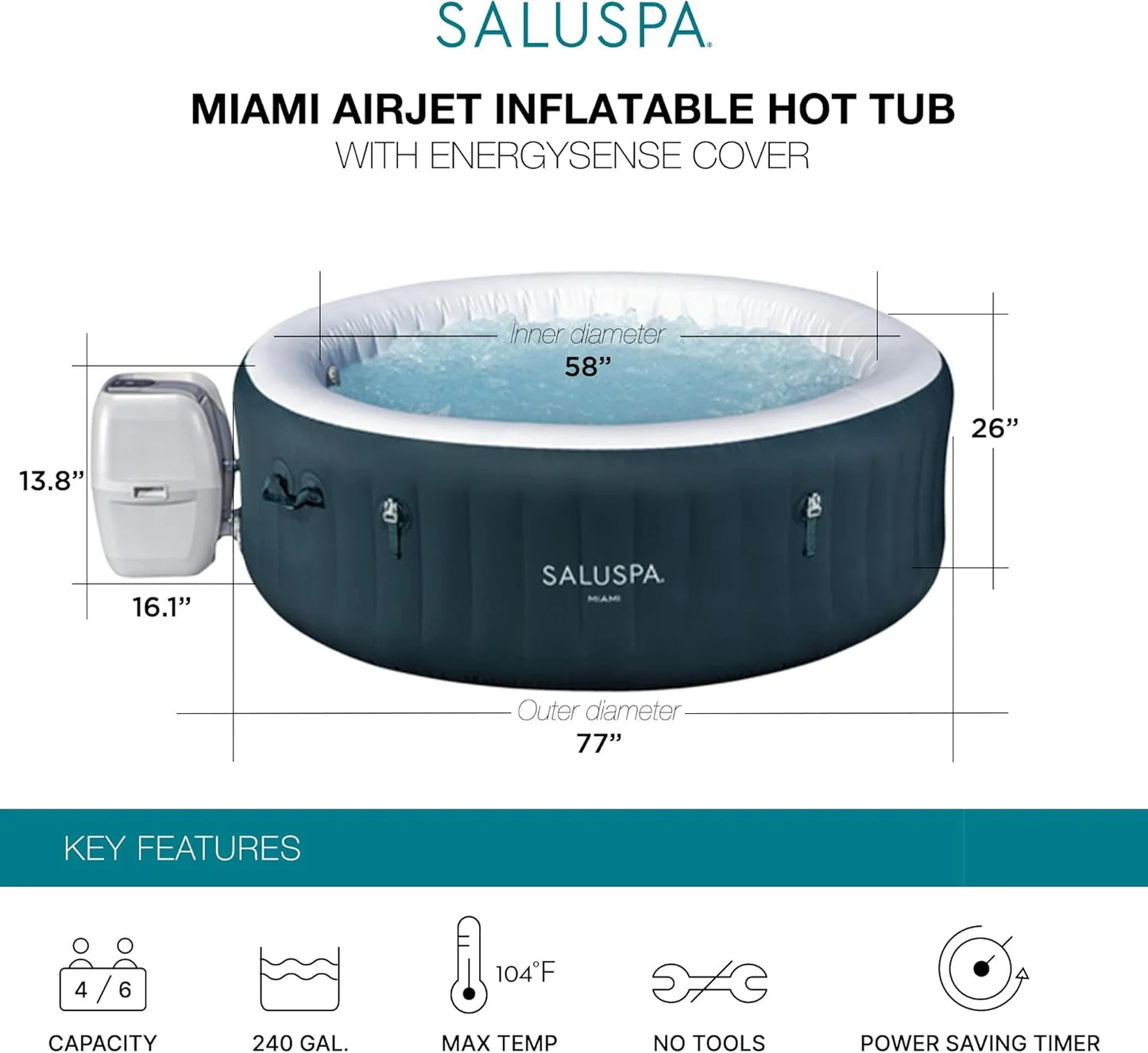 SaluSpa Aruba AirJet Large Round 2 to 3 Person Inflatable Hot Tub Portable Outdoor Spa with 110 AirJets and EnergySense Cover, Grey