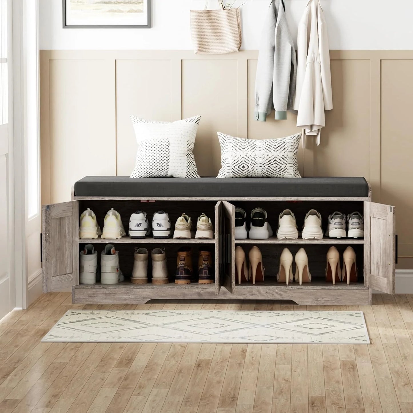 2-Tier Storage Bench, Shoe Bench with Thickened Padded Seat Cushion, Entryway Bench with 4 Doors, Adjustable Shelf