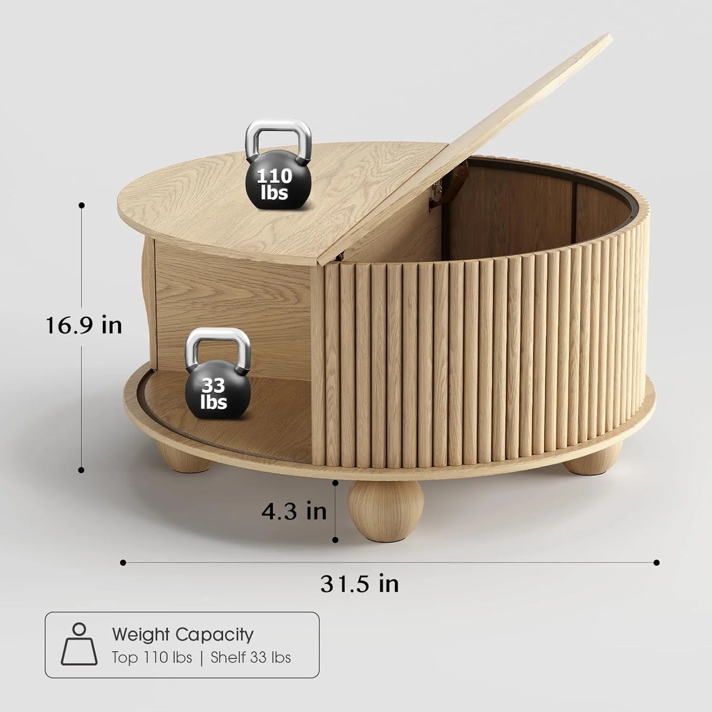 Round Coffee Table with Storage,Fluted Center Table with Sliding Cabinet Door for Living Room,Home Small Space,31.5" Small Center Table,Walnut