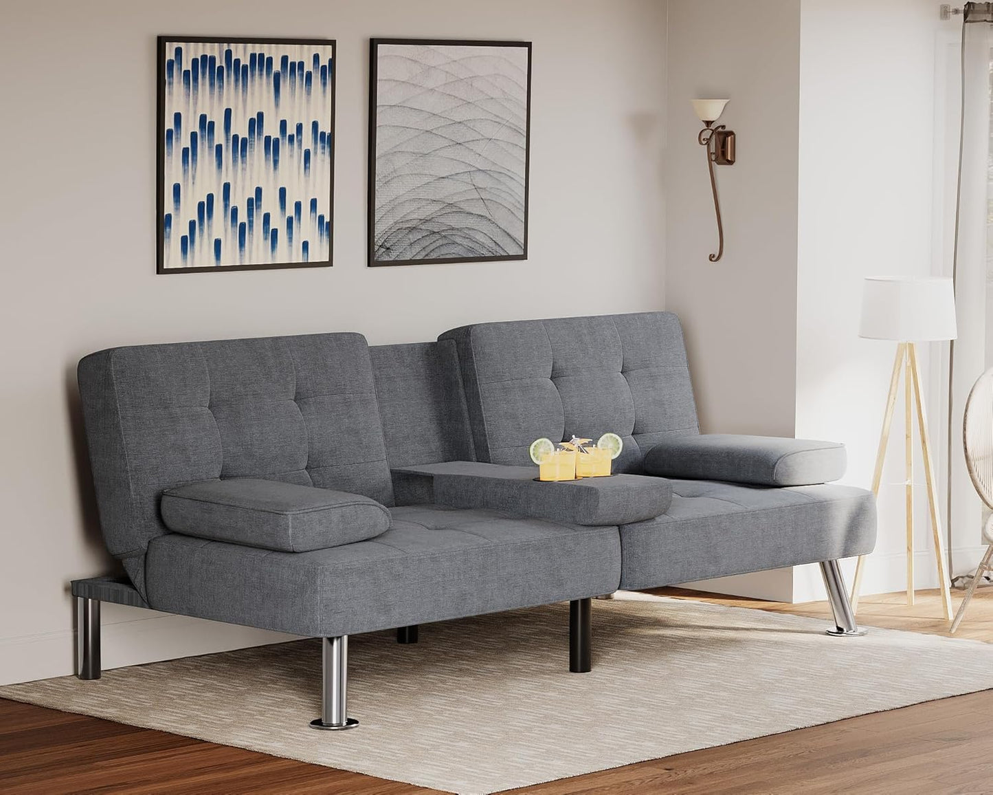 Flamaker Futon Sofa Bed Modern Folding Futon Set Convertible Recliner Lounge for Living Room with 2 Cup Holders, Removable Armrests (PU Leather, Black)