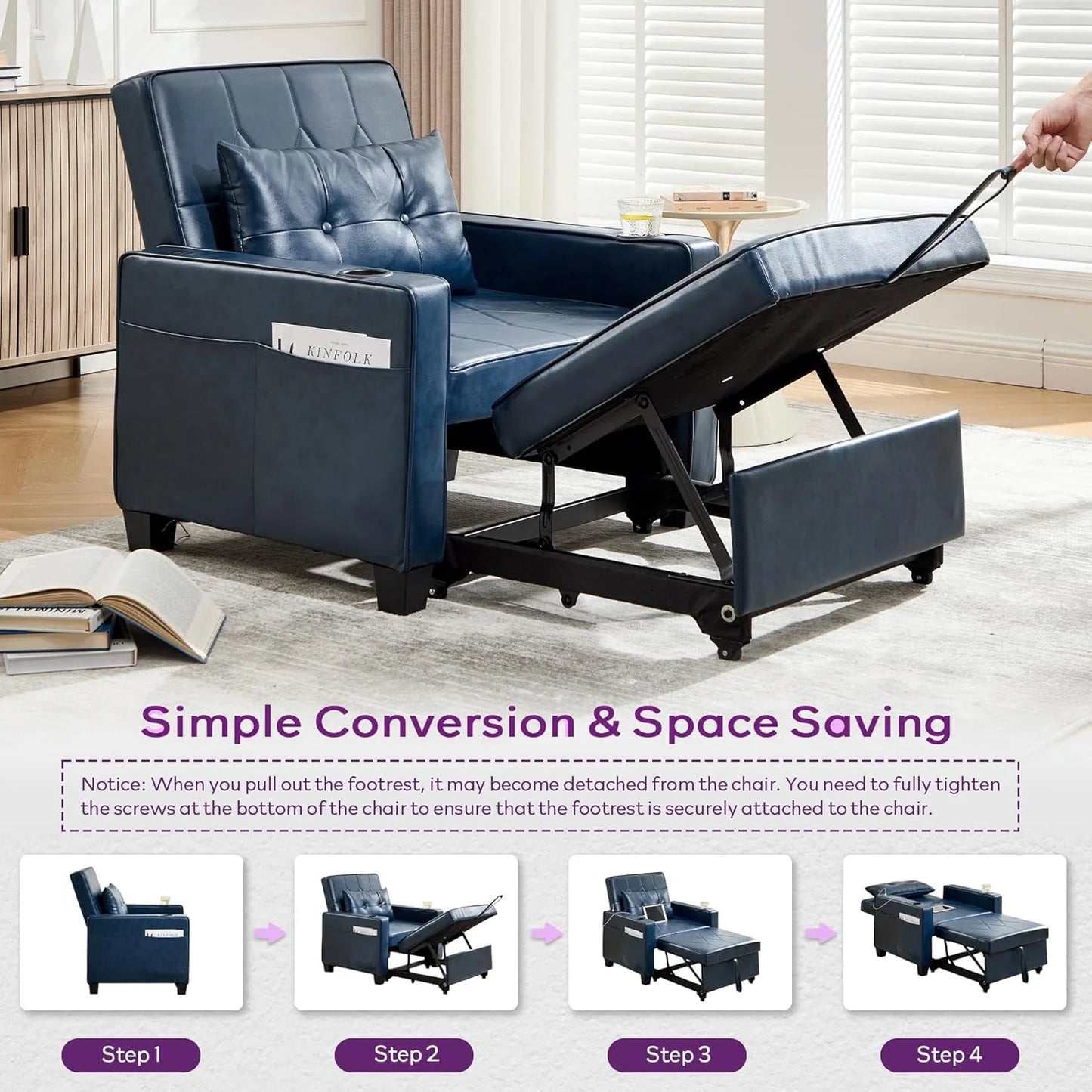 Adult Convertible Sleeper Chair Bed, 3-in-1 Pull-Out Sofa Bed with USB/Type-C Ports, Cup Holders, Side Pockets, Single Sofa