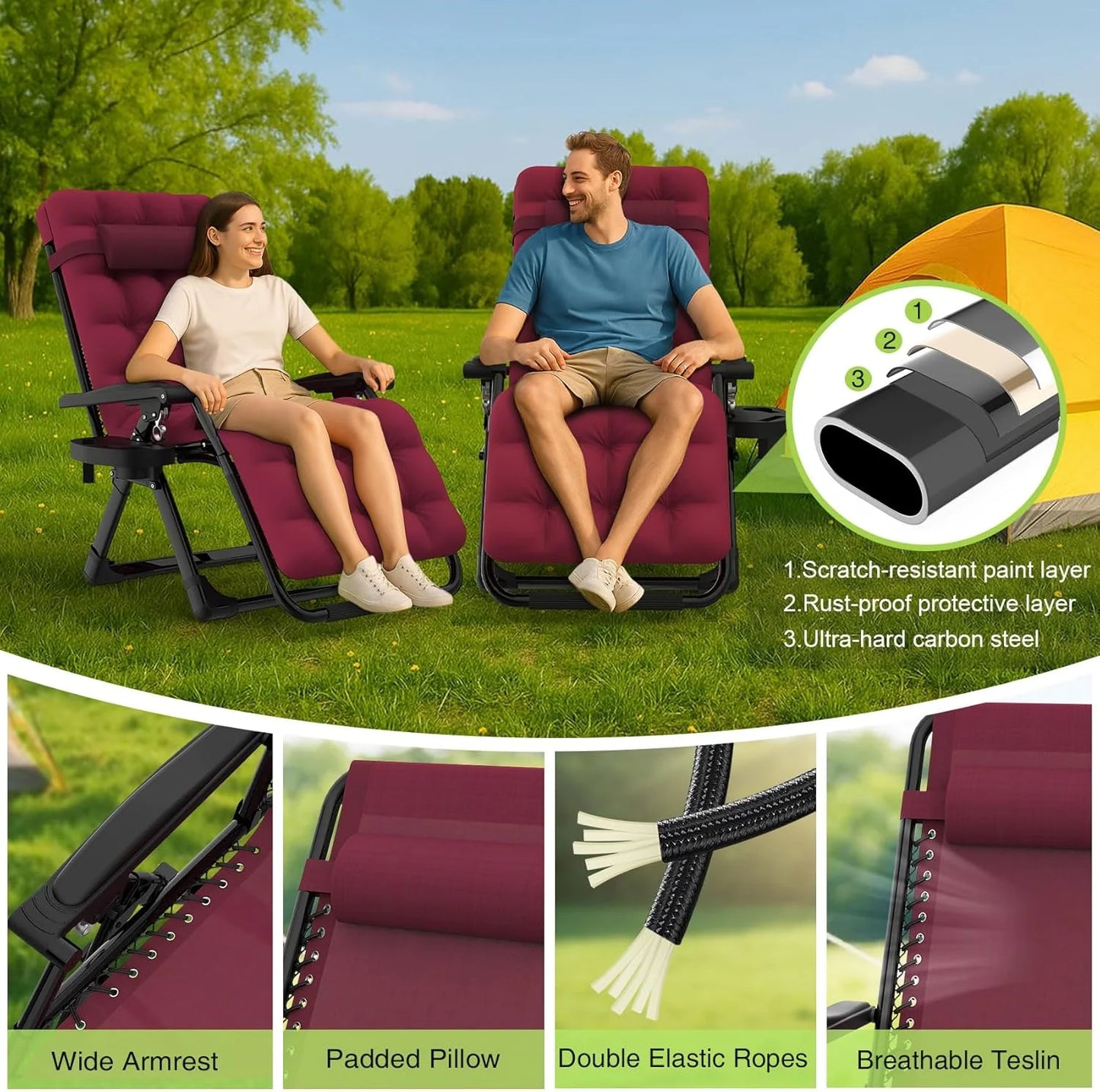Indoor and outdoor patio chair folding lounge chair zero gravity chair with removable cushion camping lounge chair