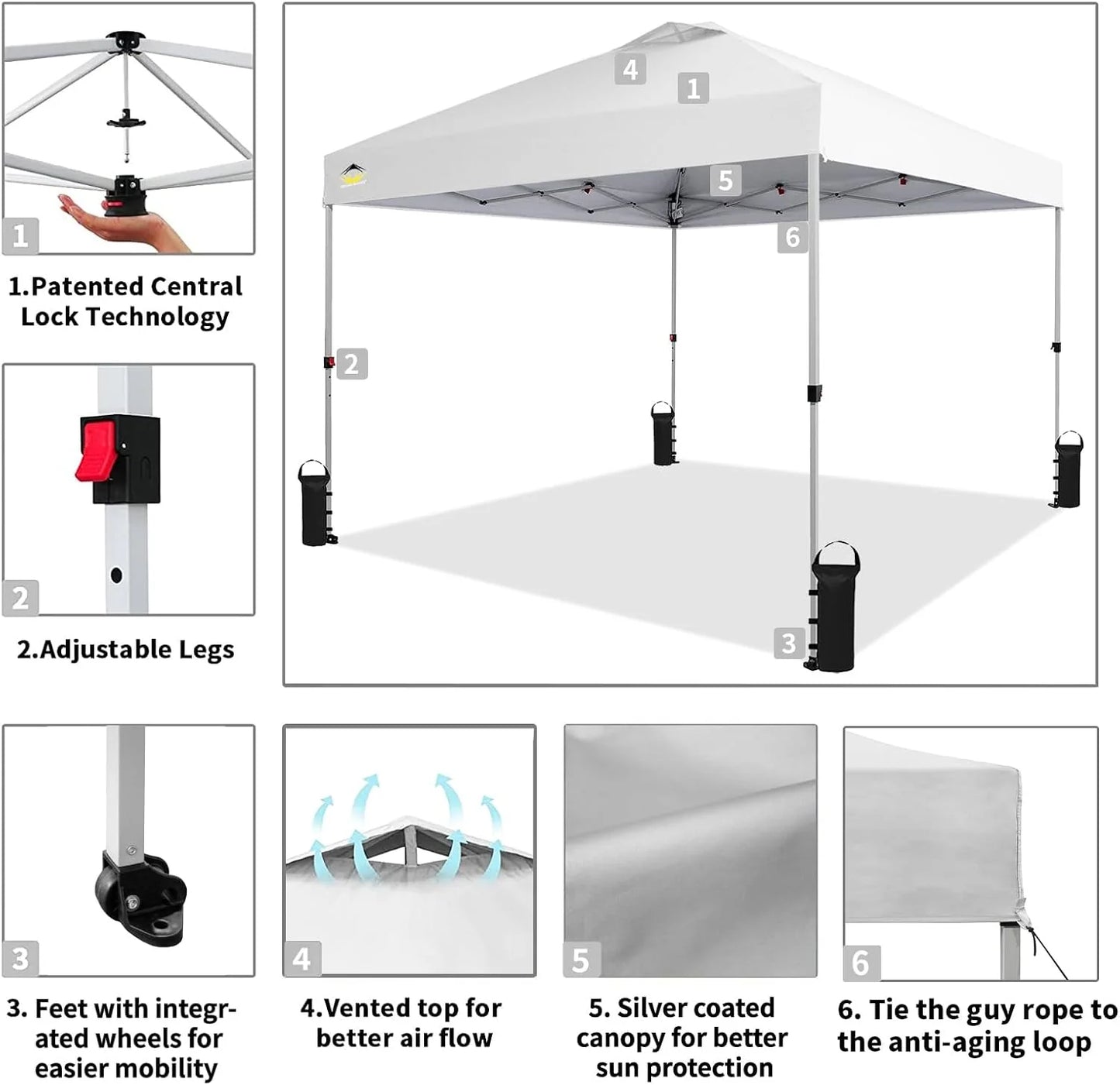 10x10 Pop-Up Awning - One-Click Installation Beach Tent - Outdoor Sunshade Silver Coated Top, 3 Heights and 4 Sand Pockets